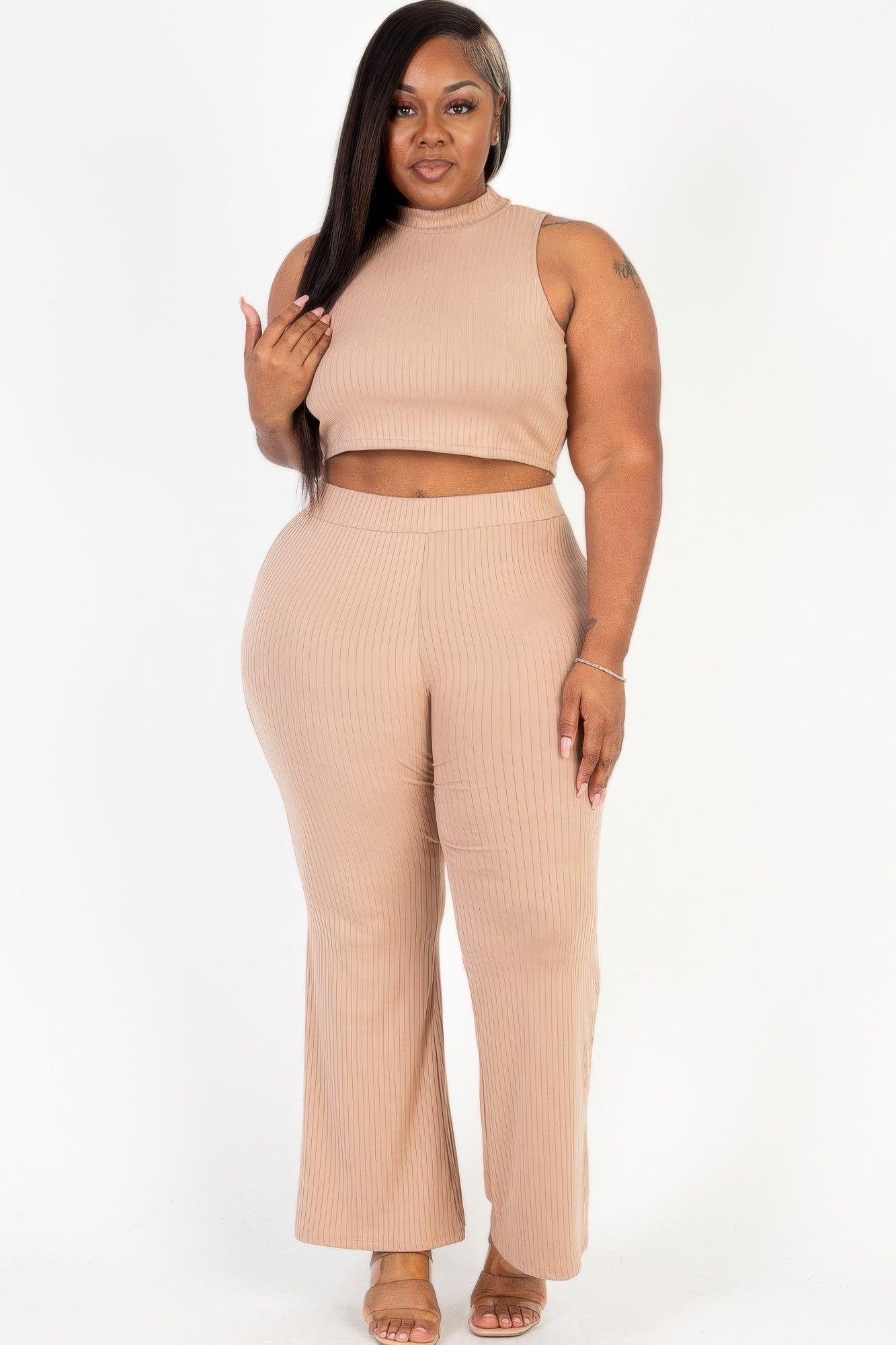 Plus Size Ribbed Mock Neck Crop Tank Top& Bootcut Pants Set - Clothes For Her Online Store