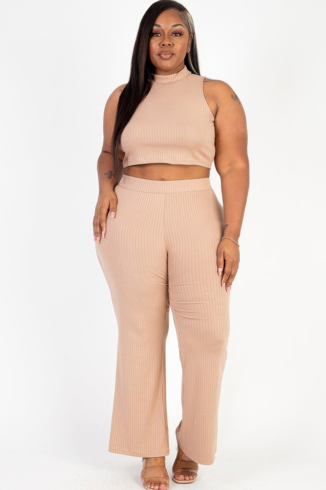 Plus Size Ribbed Mock Neck Crop Tank Top& Bootcut Pants Set - Clothes For Her Online Store