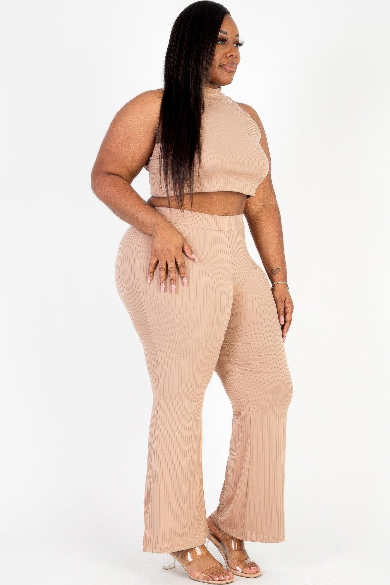 Plus Size Ribbed Mock Neck Crop Tank Top& Bootcut Pants Set - Clothes For Her Online Store