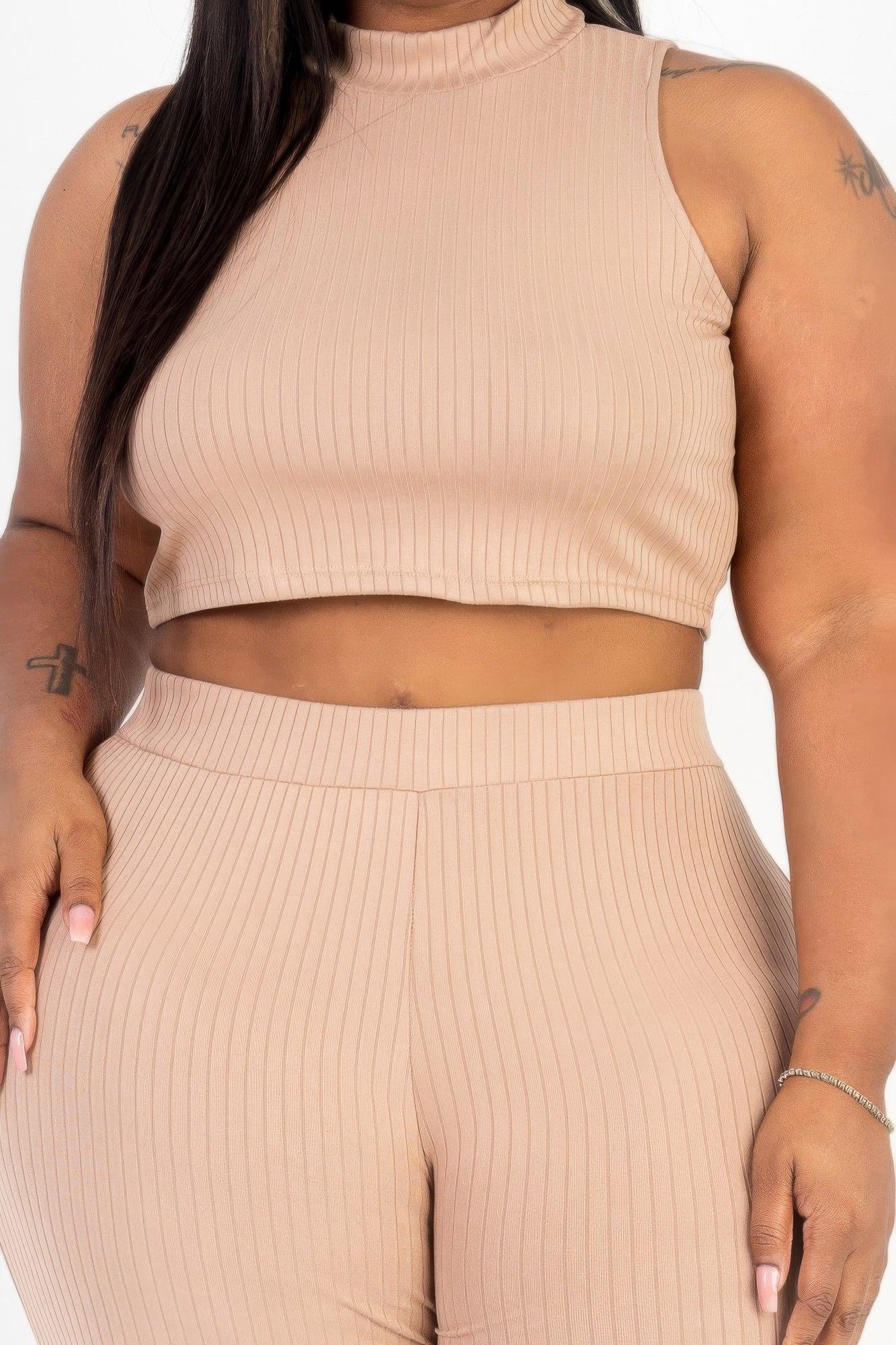 Plus Size Ribbed Mock Neck Crop Tank Top& Bootcut Pants Set - Clothes For Her Online Store