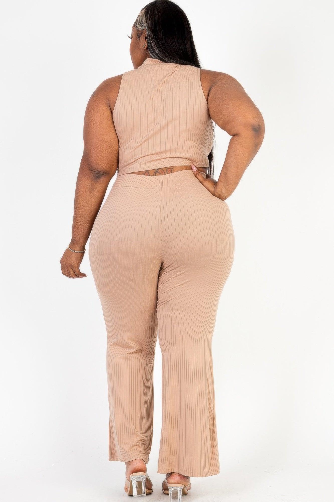 Plus Size Ribbed Mock Neck Crop Tank Top& Bootcut Pants Set - Clothes For Her Online Store
