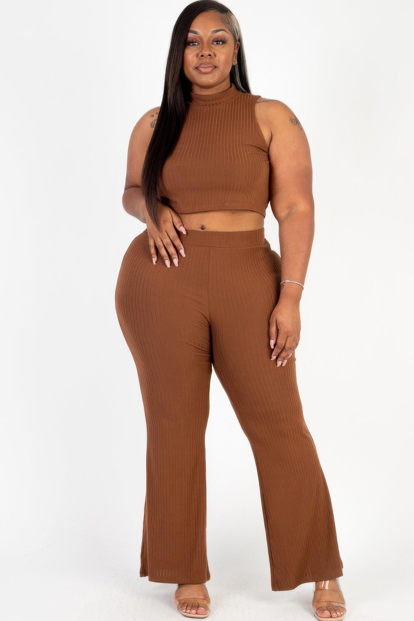 Plus Size Ribbed Mock Neck Crop Tank Top& Bootcut Pants Set - Clothes For Her Online Store