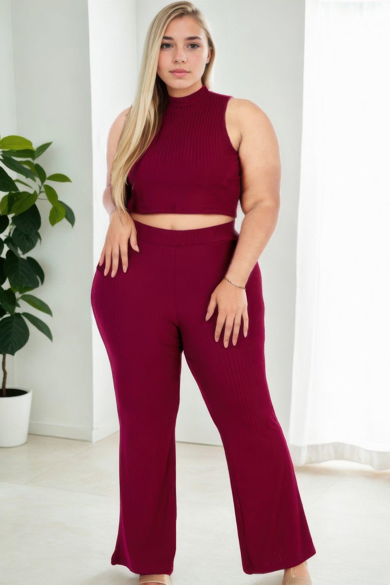 Plus Size Ribbed Mock Neck Crop Tank Top& Bootcut Pants Set - Clothes For Her Online Store