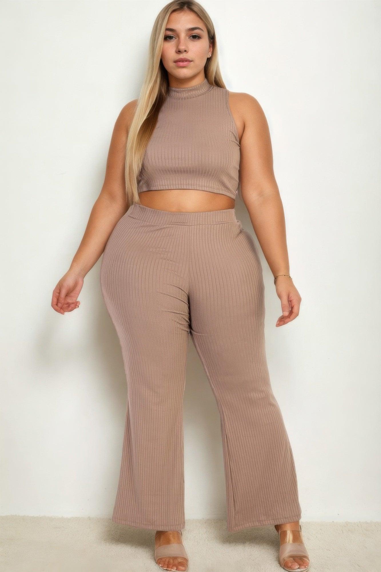 Plus Size Ribbed Mock Neck Crop Tank Top& Bootcut Pants Set - Clothes For Her Online Store