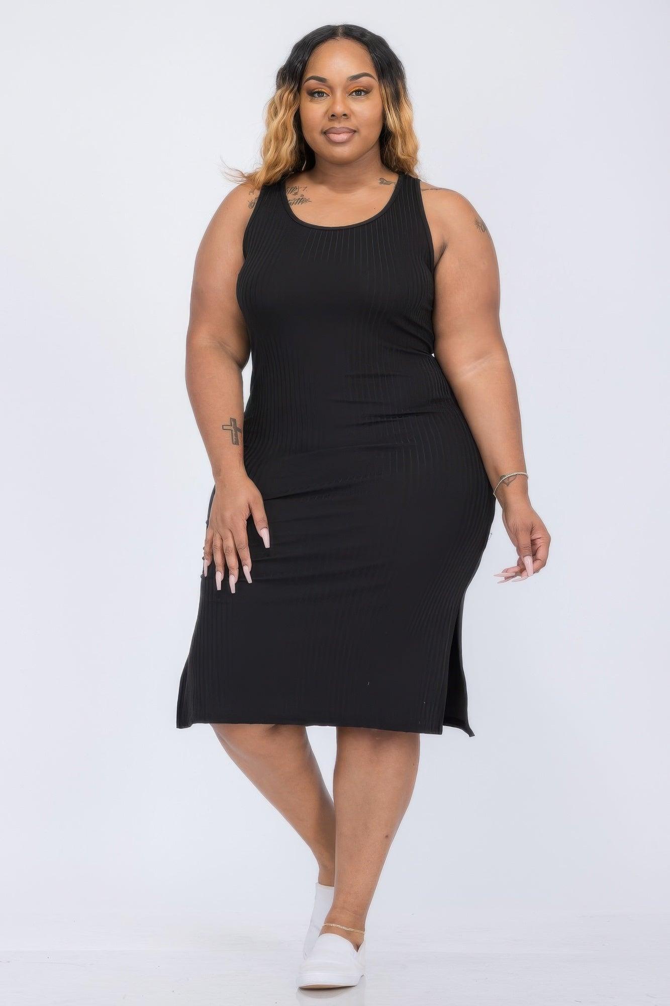 Plus Size Ribbed Side Slit Tank Midi Dress - Clothes For Her Online Store