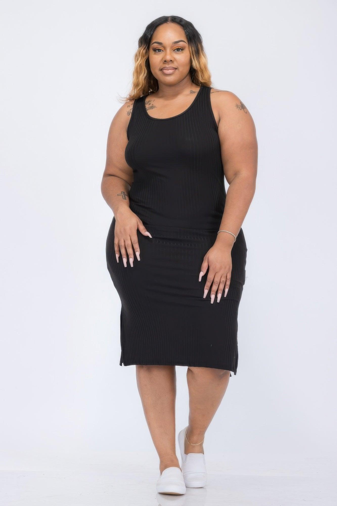 Plus Size Ribbed Side Slit Tank Midi Dress - Clothes For Her Online Store