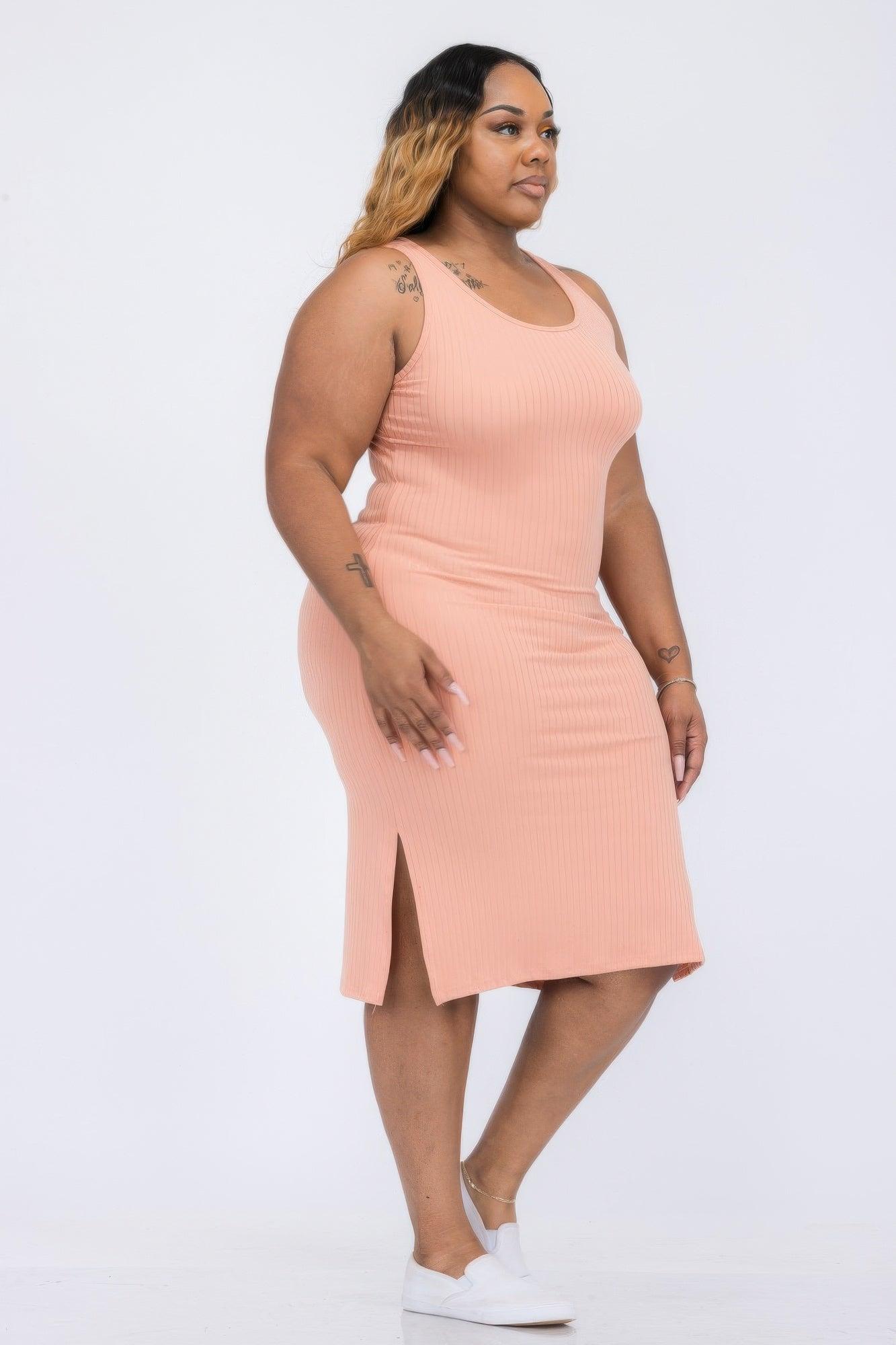 Plus Size Ribbed Side Slit Tank Midi Dress - Clothes For Her Online Store