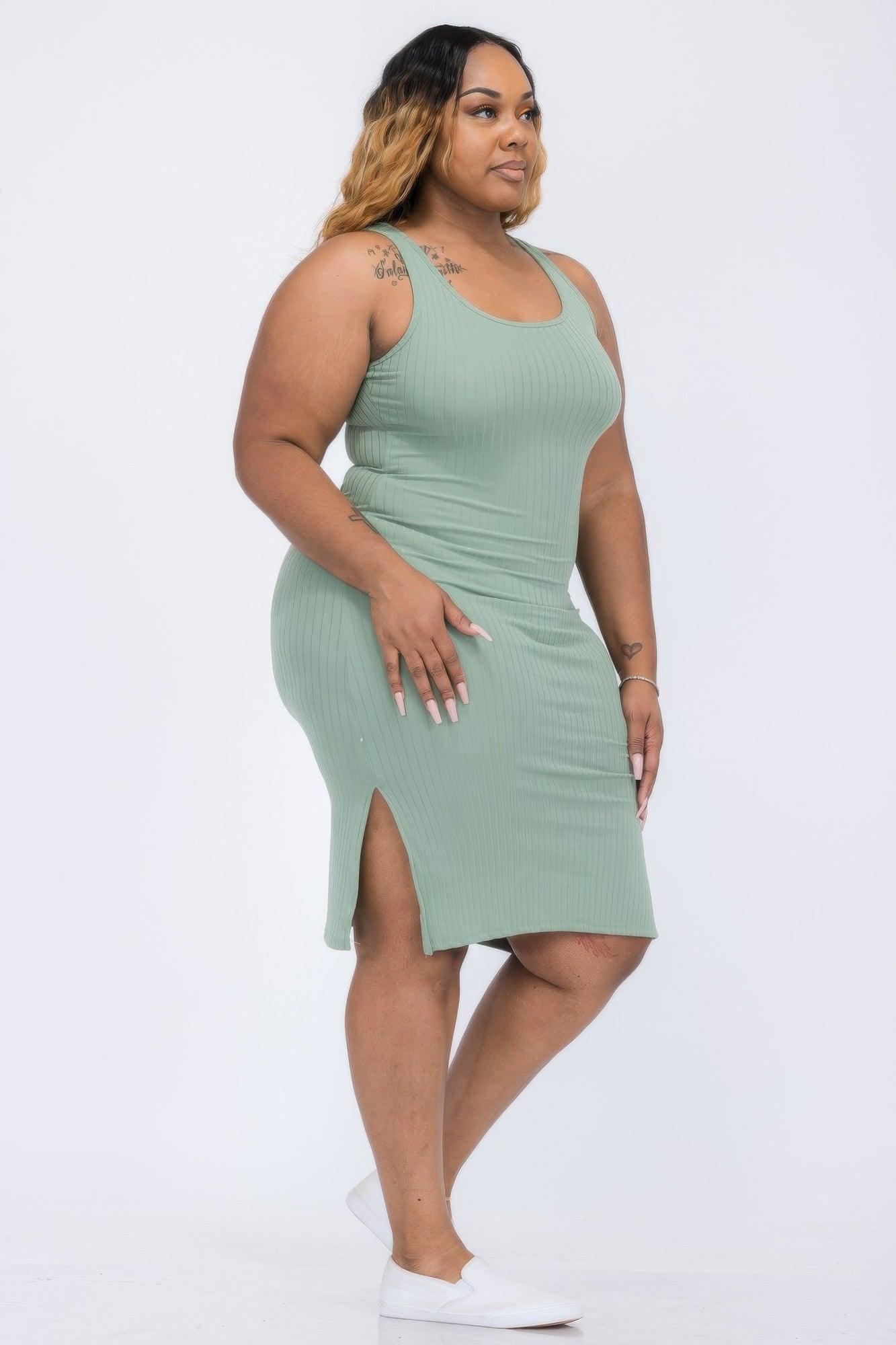 Plus Size Ribbed Side Slit Tank Midi Dress - Clothes For Her Online Store