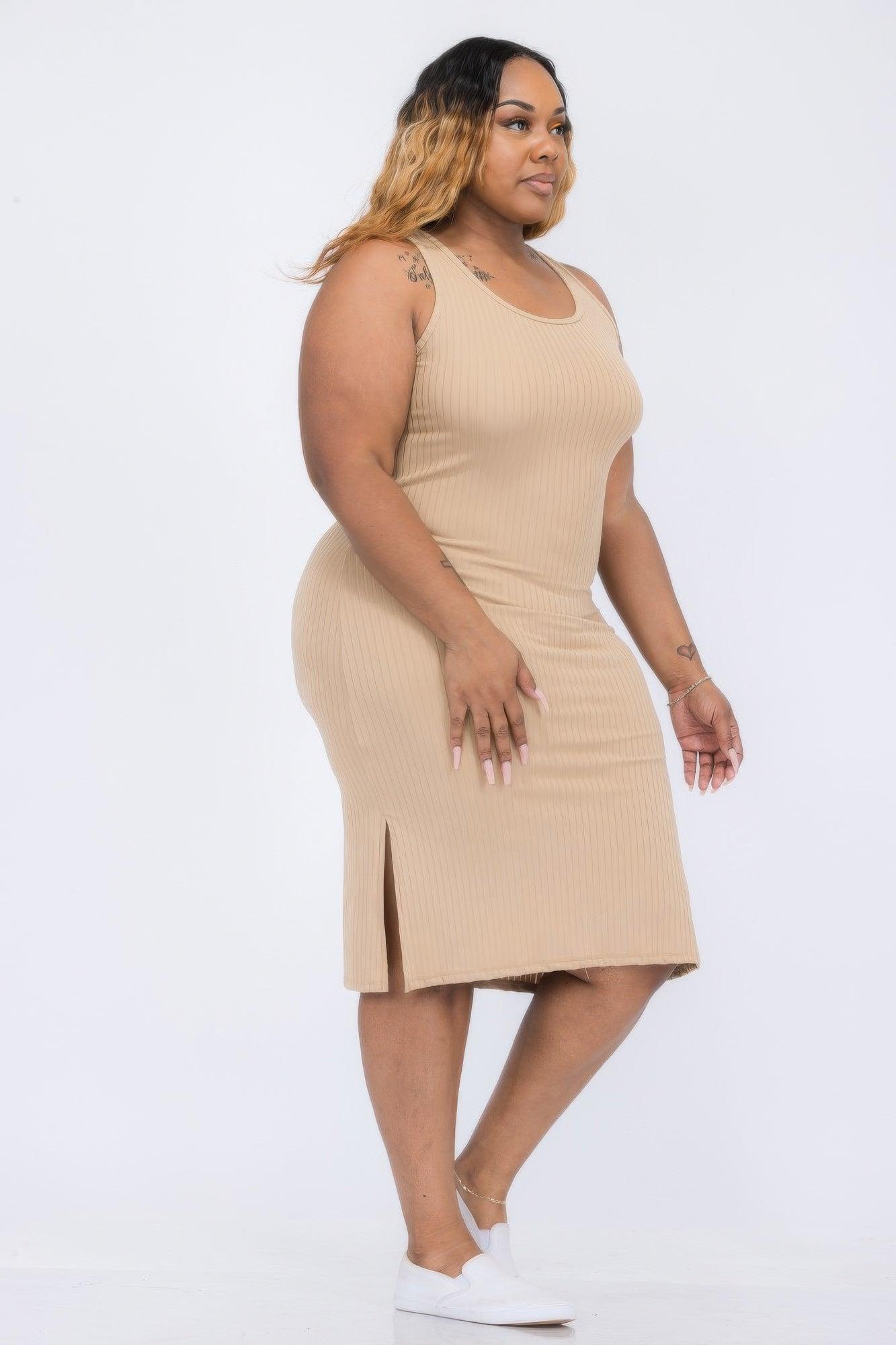 Plus Size Ribbed Side Slit Tank Midi Dress - Clothes For Her Online Store