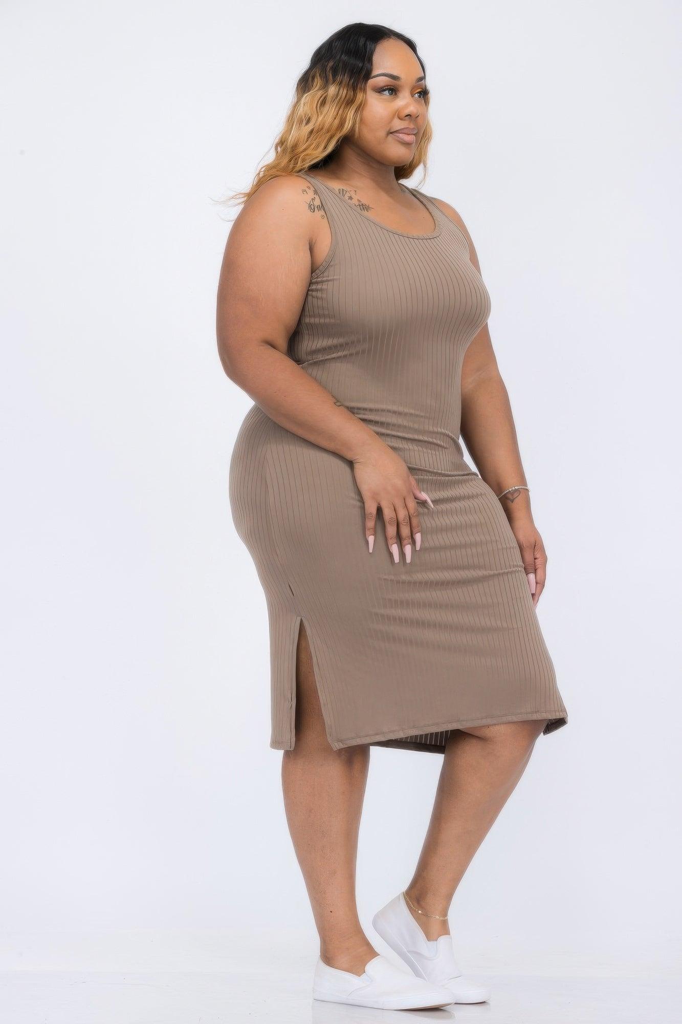 Plus Size Ribbed Side Slit Tank Midi Dress - Clothes For Her Online Store
