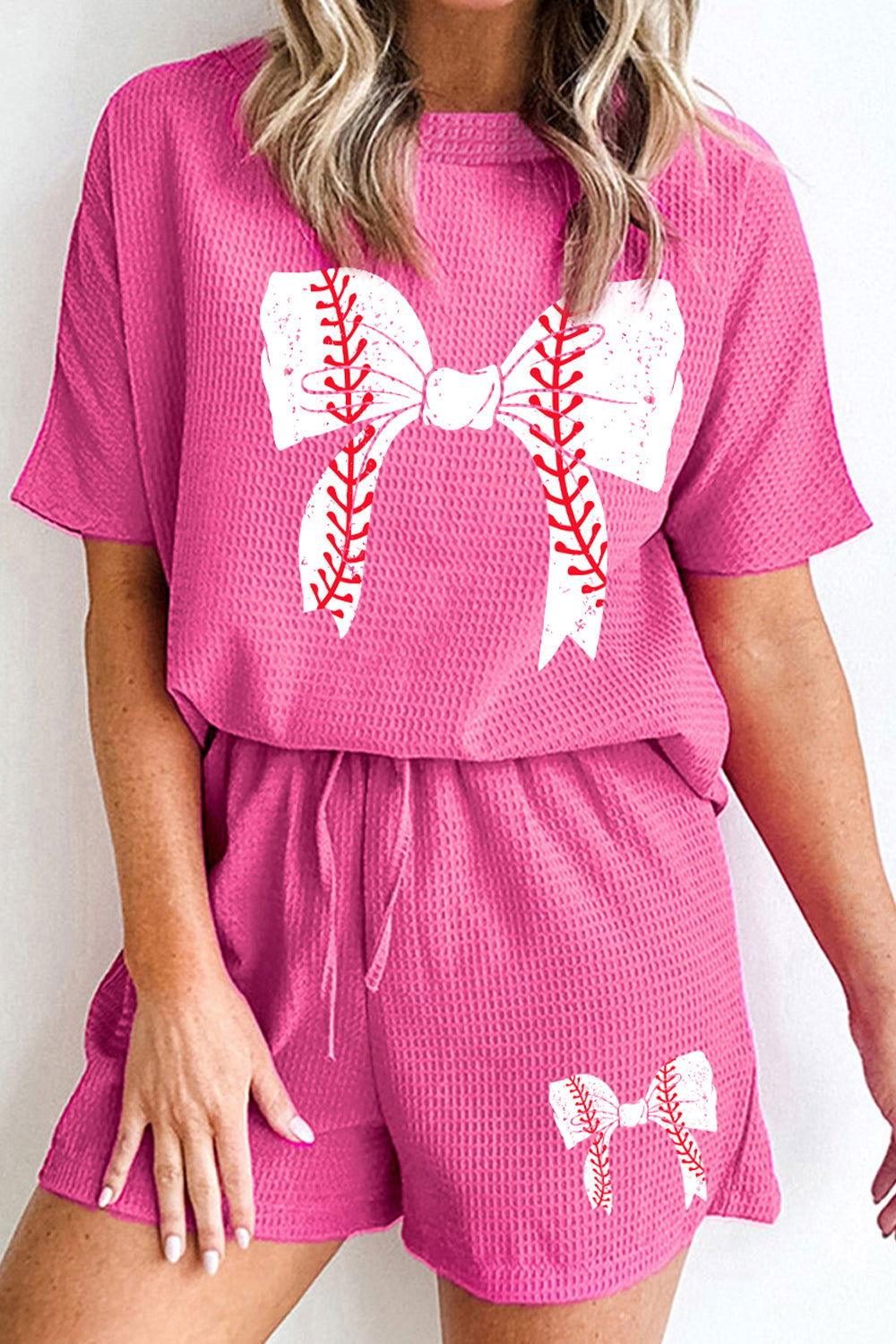 Waffle-Knit Bow Round Neck Top and Shorts Set - Clothes For Her Online Store