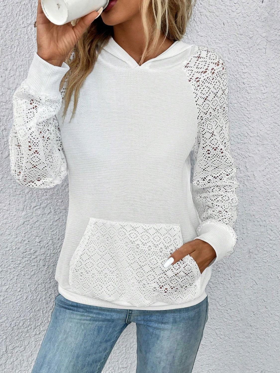 Waffle-Knit Long Sleeve Hoodie - Clothes For Her Online Store