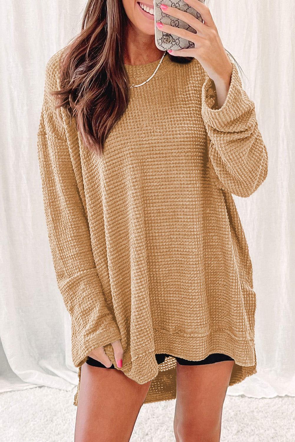 Waffle-Knit Round Neck Long Sleeve Sweatshirt - Clothes For Her Online Store