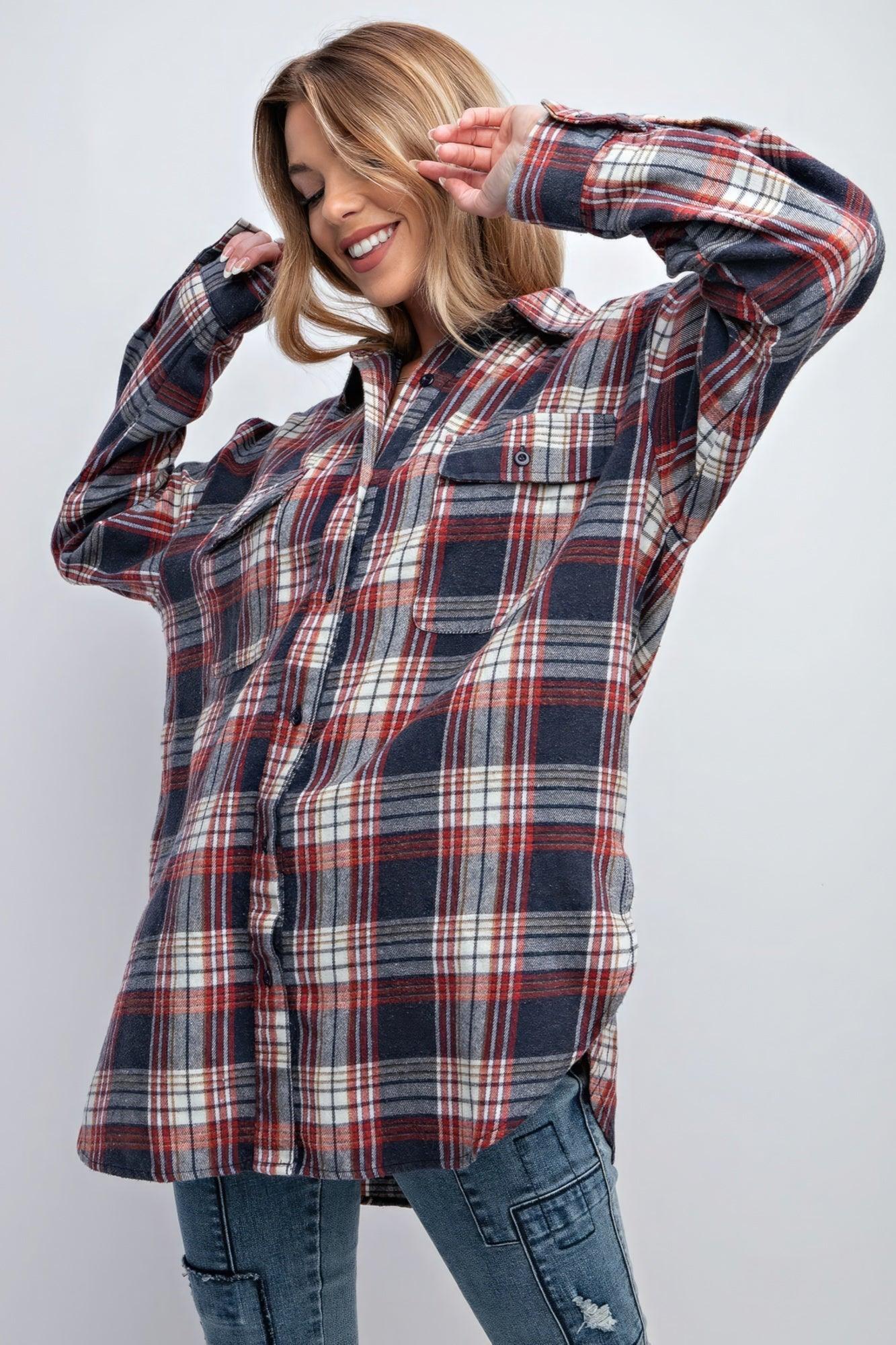 Washed Plaid Button Down Shirt - Clothes For Her Online Store