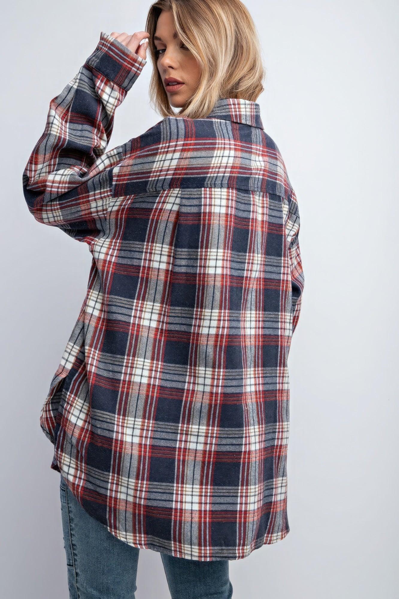Washed Plaid Button Down Shirt - Clothes For Her Online Store