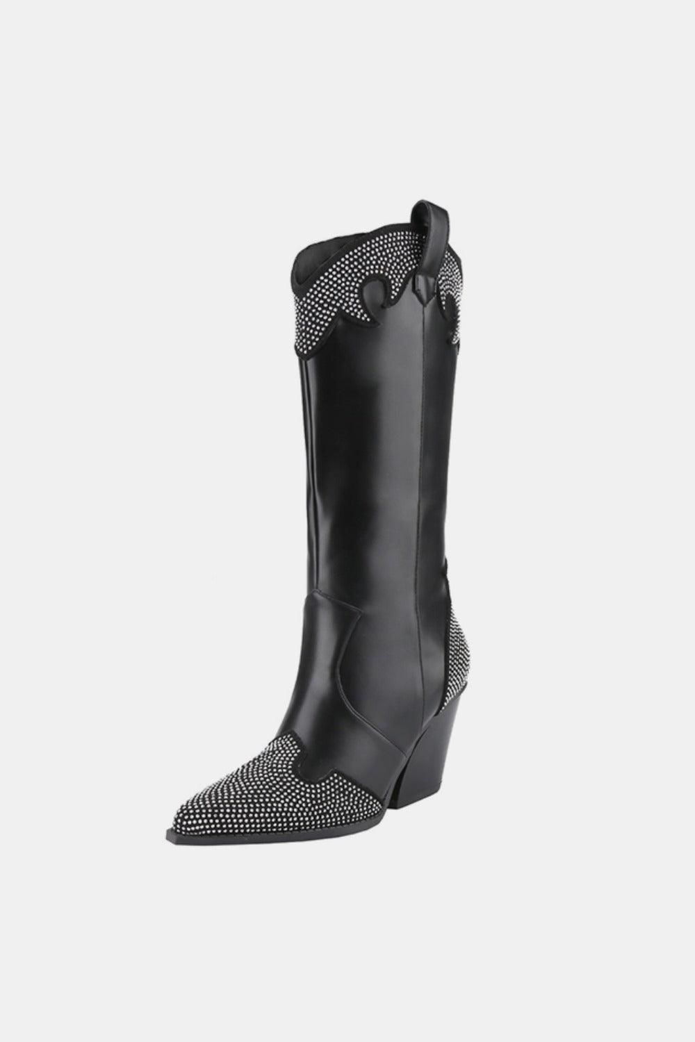 Weeboo Chunky Heel Rhinestone Decor Western Boots - Clothes For Her Online Store