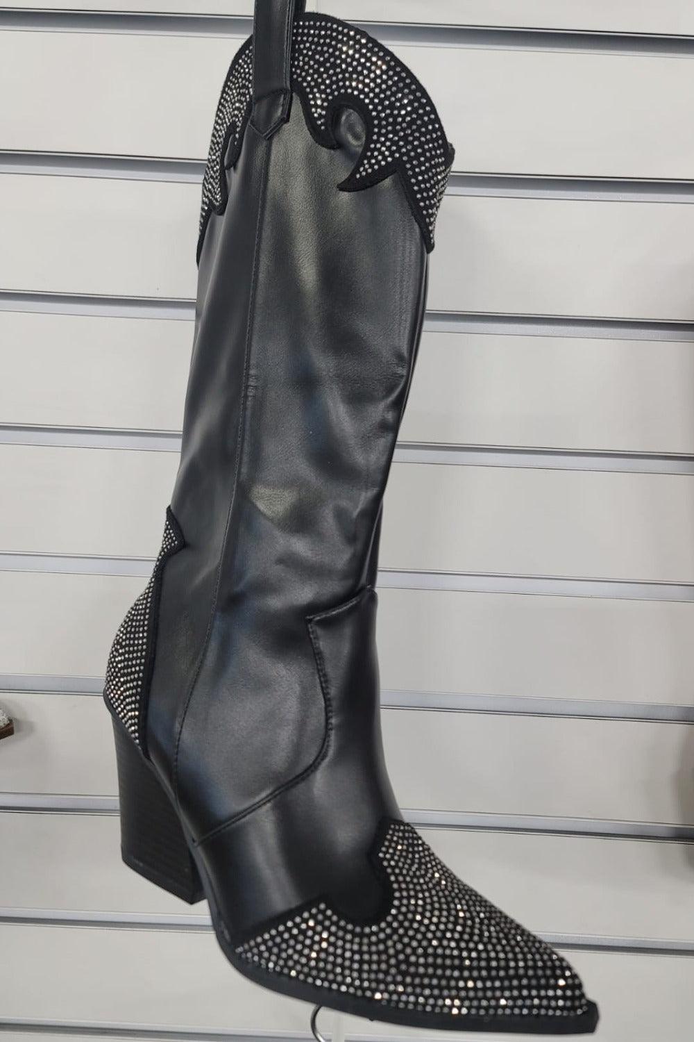 Weeboo Chunky Heel Rhinestone Decor Western Boots - Clothes For Her Online Store