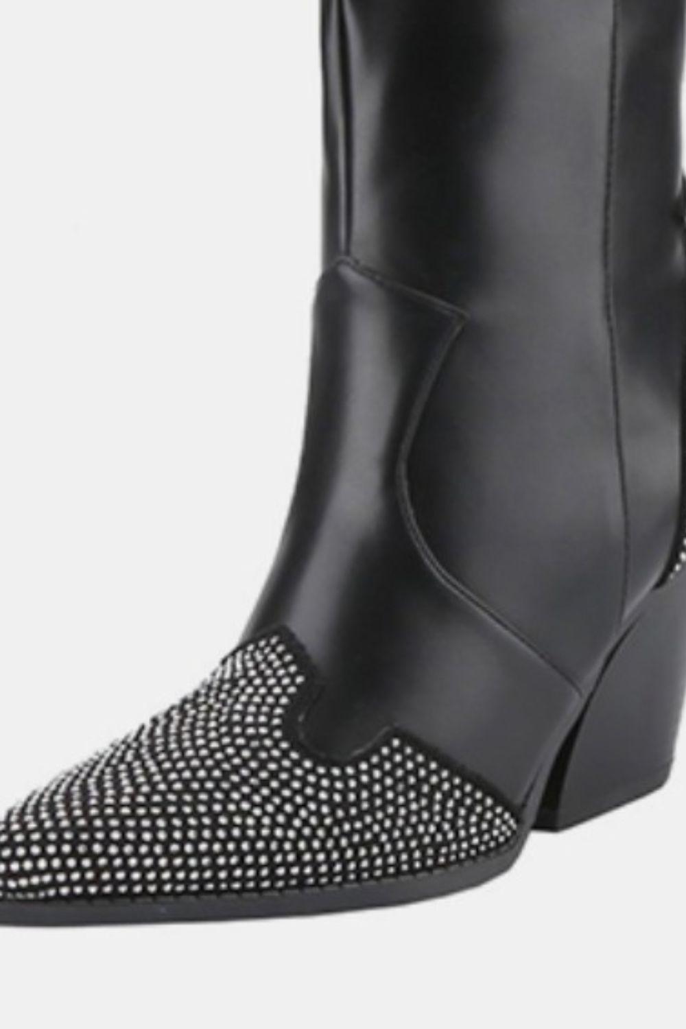 Weeboo Chunky Heel Rhinestone Decor Western Boots - Clothes For Her Online Store