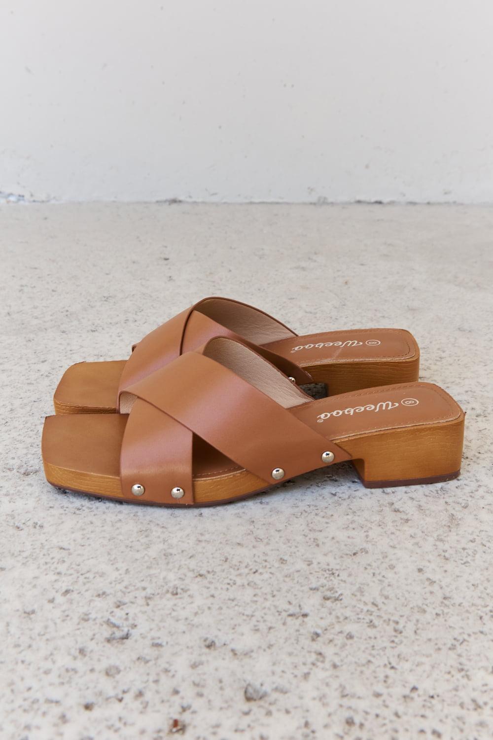 Weeboo Step Into Summer Criss Cross Wooden Clog Mule in Brown - Clothes For Her Online Store