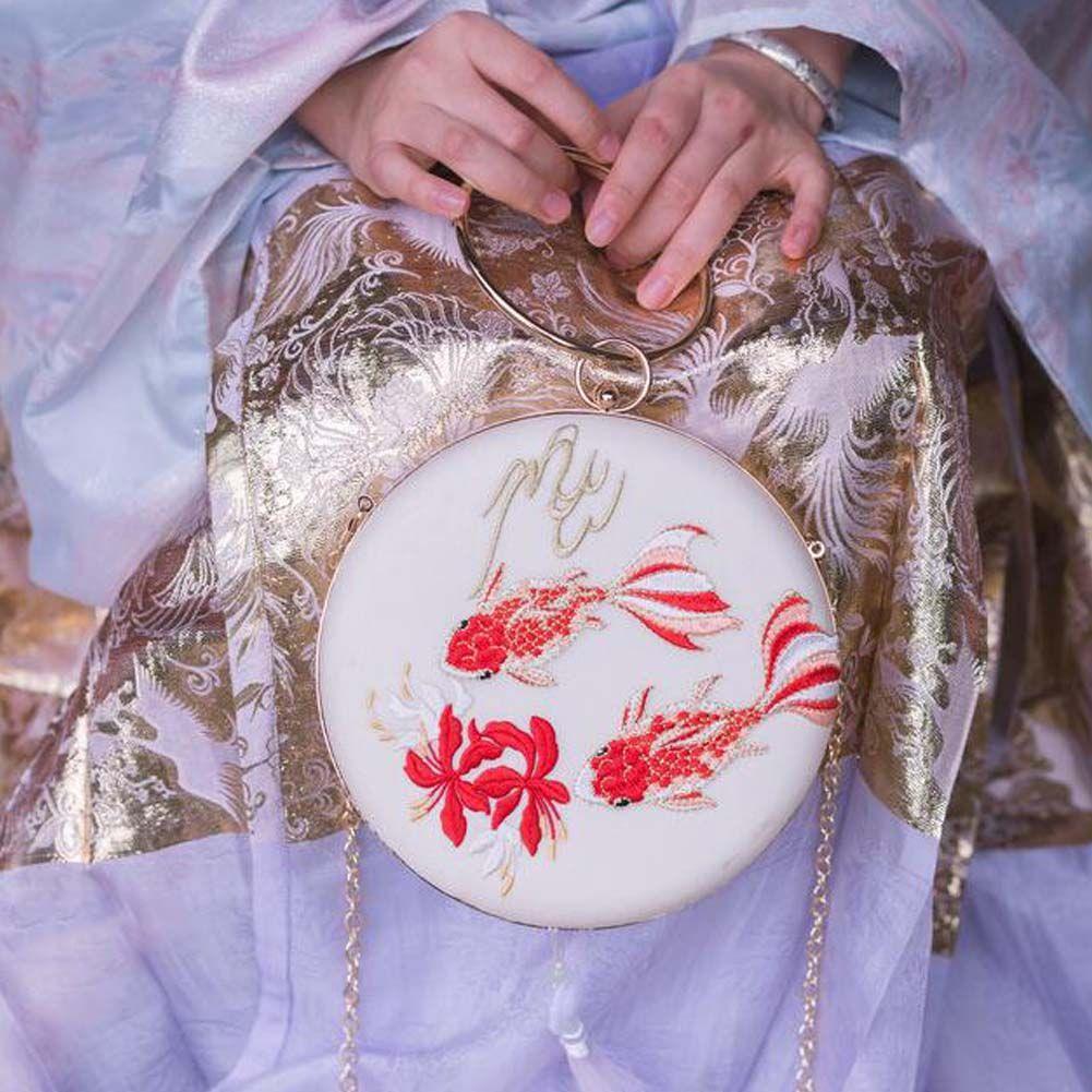 White Carp Hanfu Crossbody Bag Chinese Style Embroidery Handbag Hard Case Retro Cheongsam Round Cell Phone Purse Chain Bag - Clothes For Her Online Store