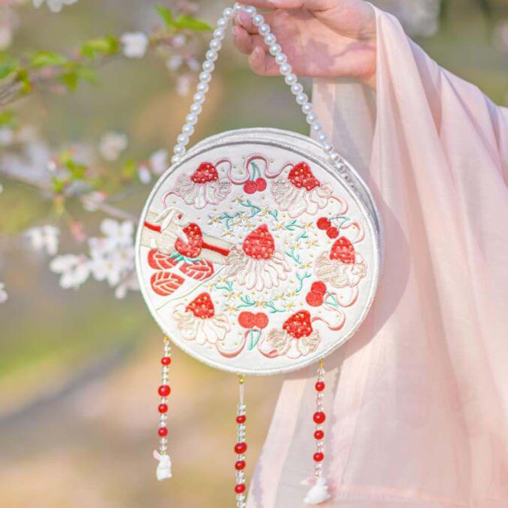 White Vintage Hanfu Embroidery Bag Strawberry Handmade Shoulder Crossbody Bag Cellphone Bag Round Handbag - Clothes For Her Online Store