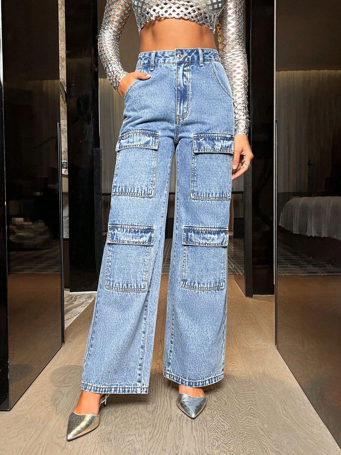 Wide Leg High Waist Jeans with Pockets - Clothes For Her Online Store