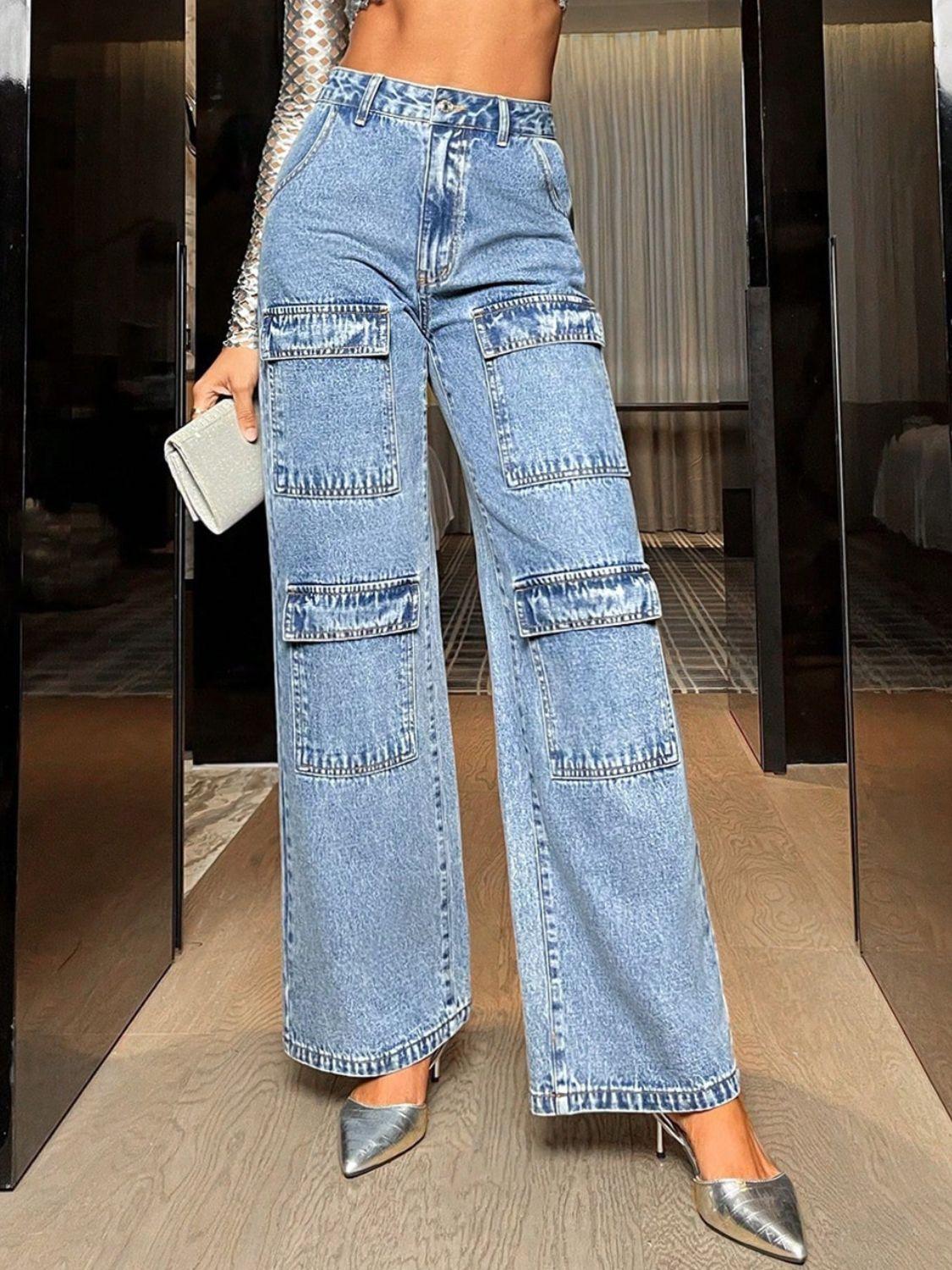 Wide Leg High Waist Jeans with Pockets - Clothes For Her Online Store