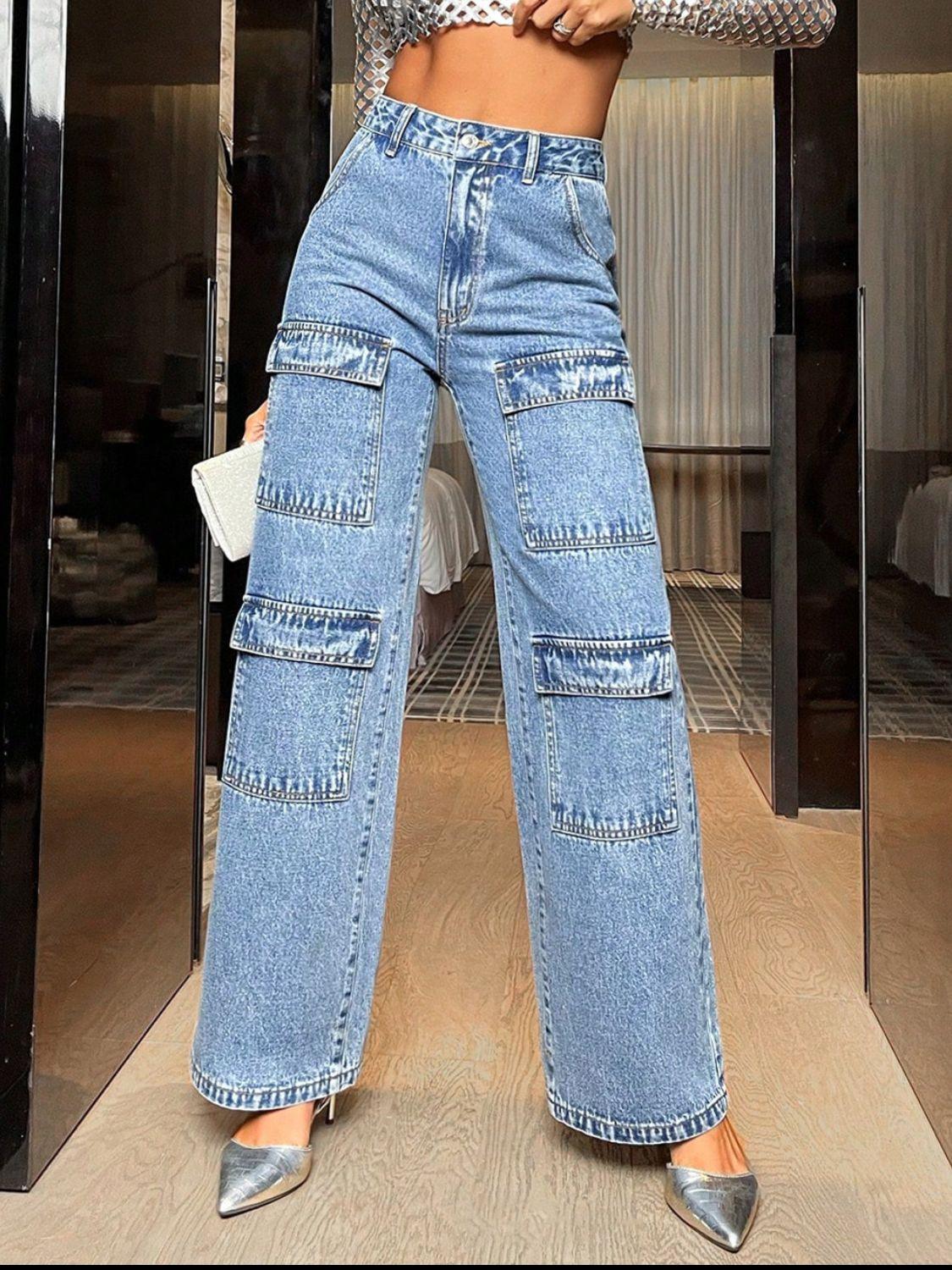 Wide Leg High Waist Jeans with Pockets - Clothes For Her Online Store