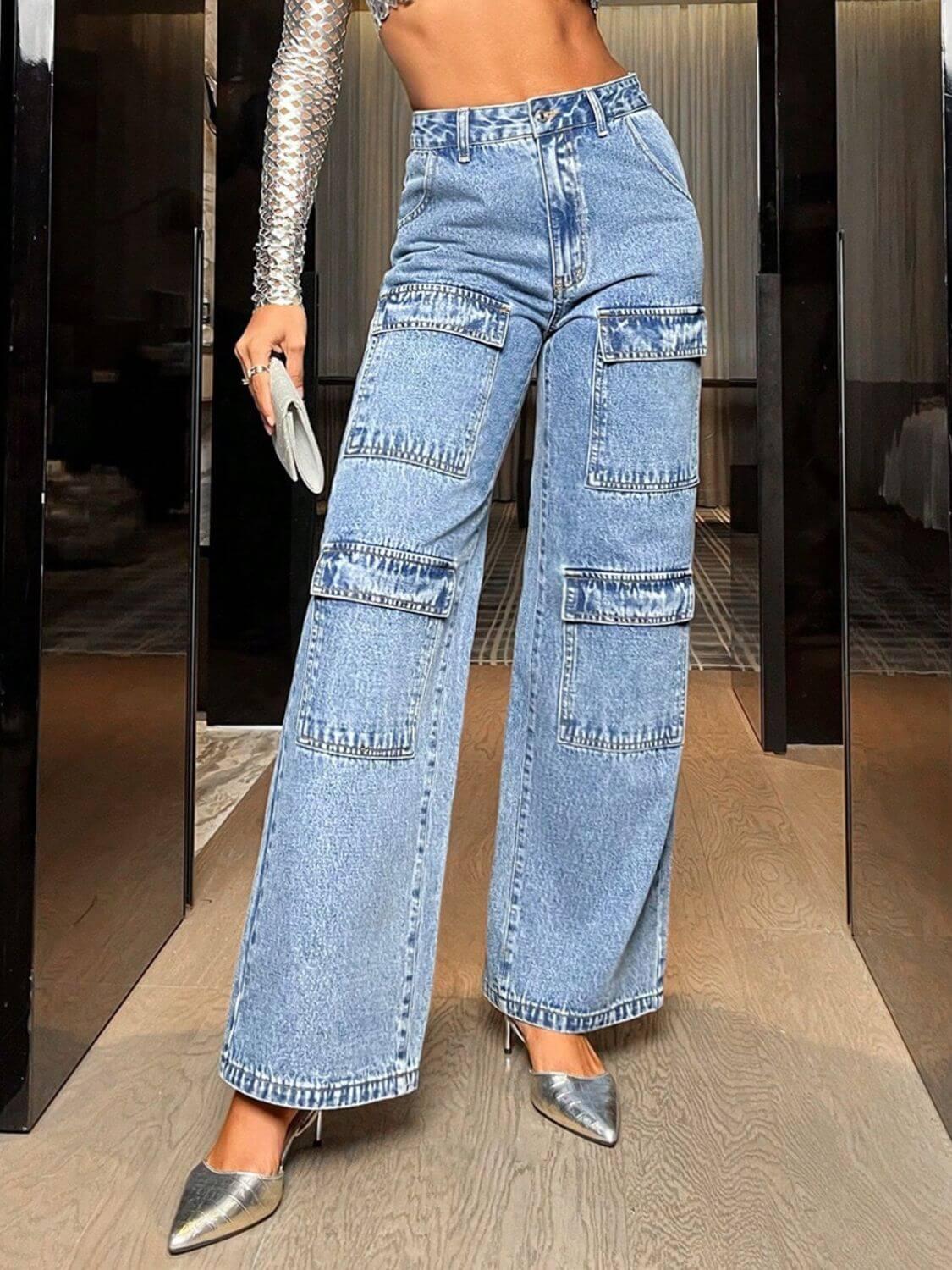 Wide Leg High Waist Jeans with Pockets - Clothes For Her Online Store