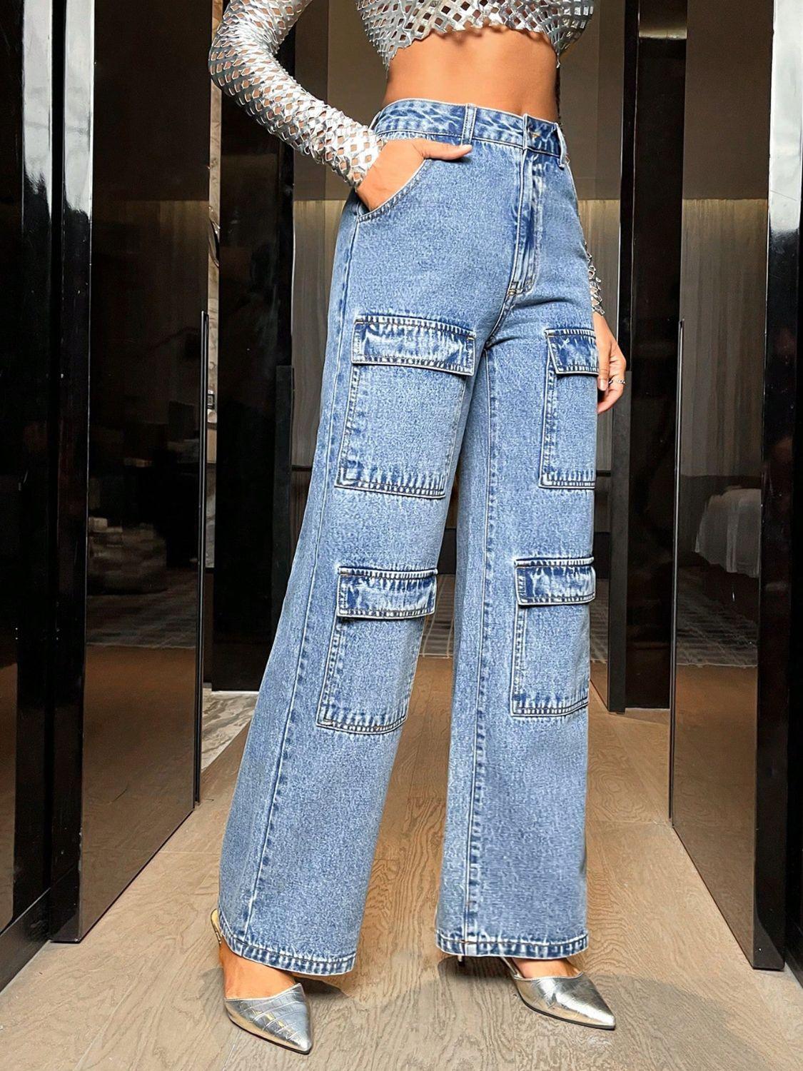 Wide Leg High Waist Jeans with Pockets - Clothes For Her Online Store