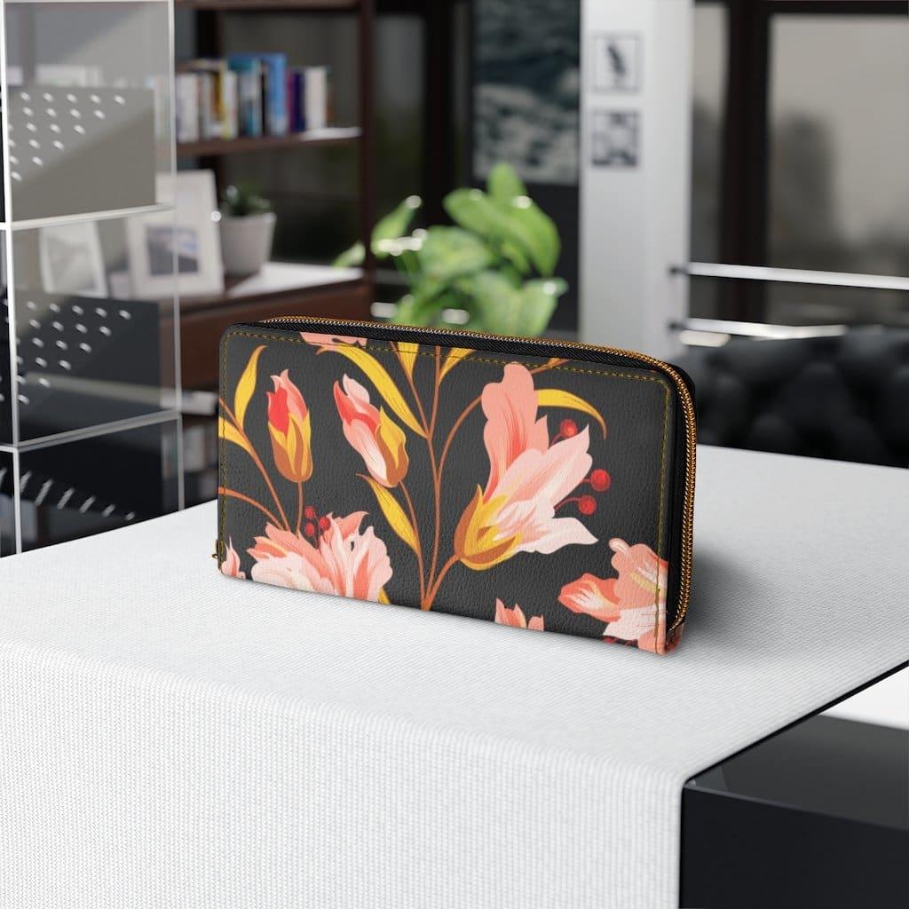 Womens Wallet, Zip Purse, Black & Pink Floral - Clothes For Her Online Store