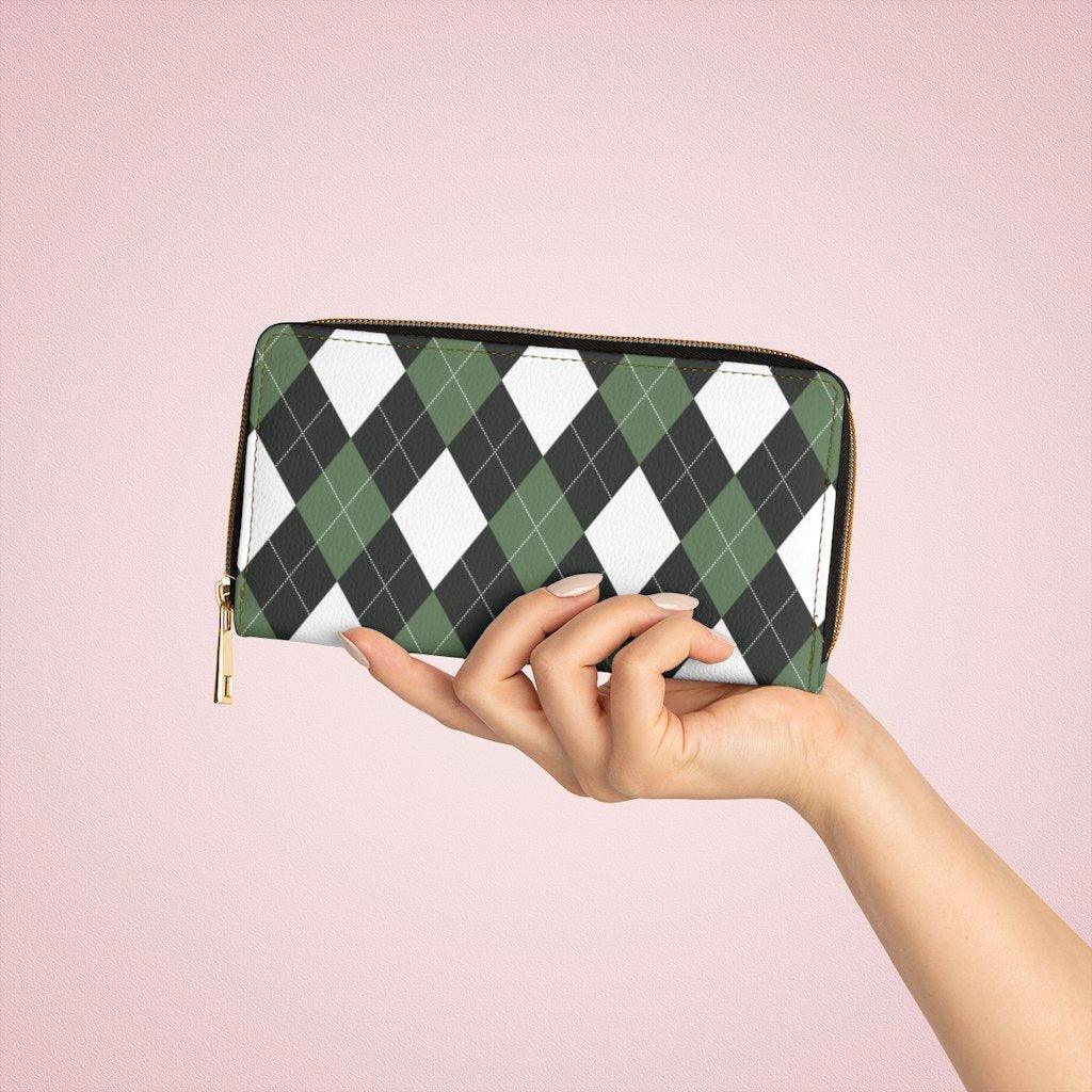 Womens Wallet, Zip Purse, Green & White Plaid Tartan - Clothes For Her Online Store