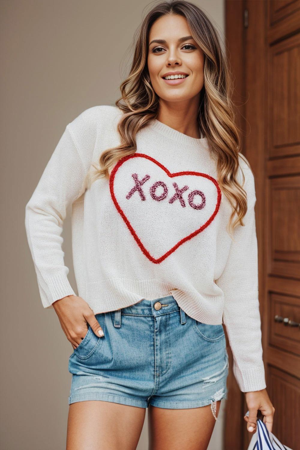 XOXO Round Neck Drop Shoulder Sweater - Clothes For Her Online Store