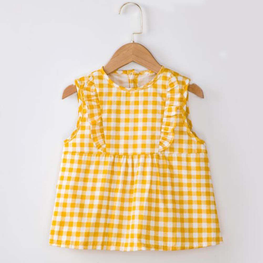 Yellow Grid Baby's Inner Waterproof Apron Eating Smock Girl's Princess Smock Sleeveless Bib - Clothes For Her Online Store