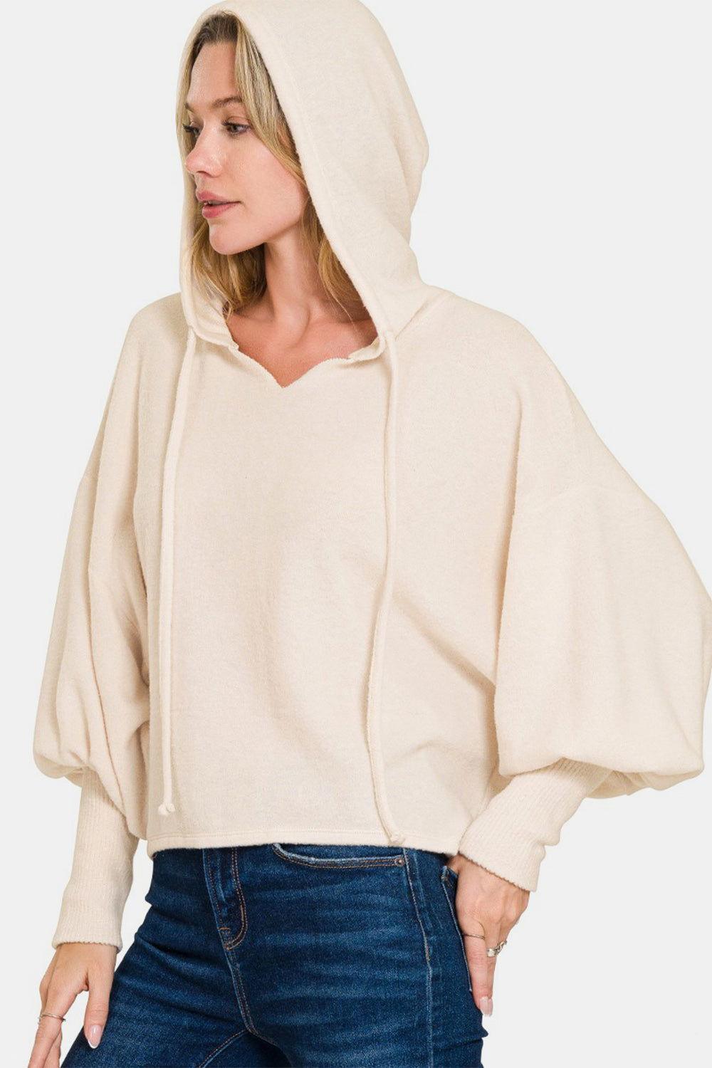 Zenana Brushed Hacci Drop Shoulder Cropped Hoodie - Clothes For Her Online Store
