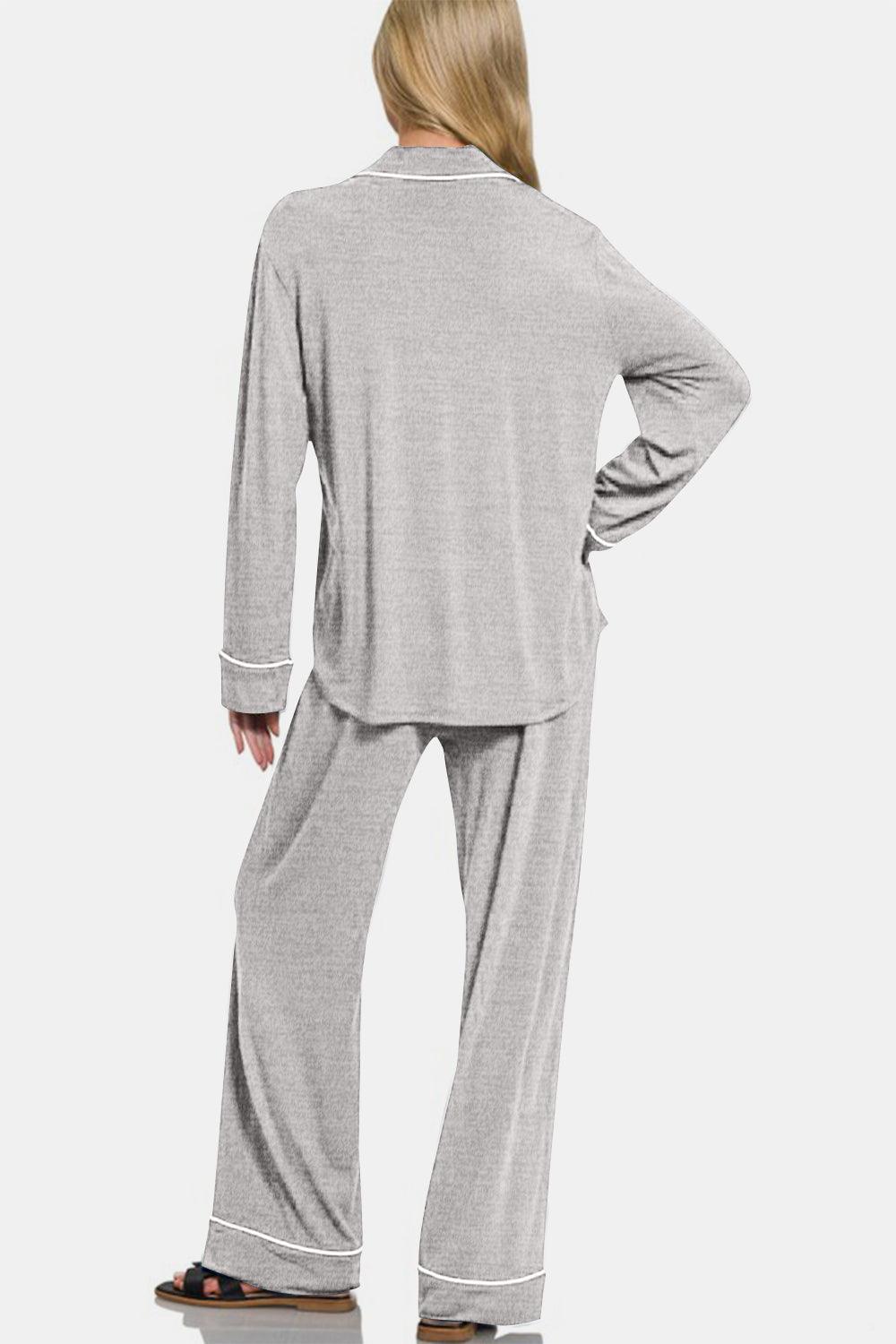 Zenana Button Down Long Sleeve Top and Pants Lounge Set - Clothes For Her Online Store