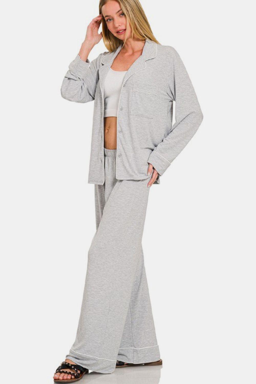 Zenana Button Down Long Sleeve Top and Pants Lounge Set - Clothes For Her Online Store