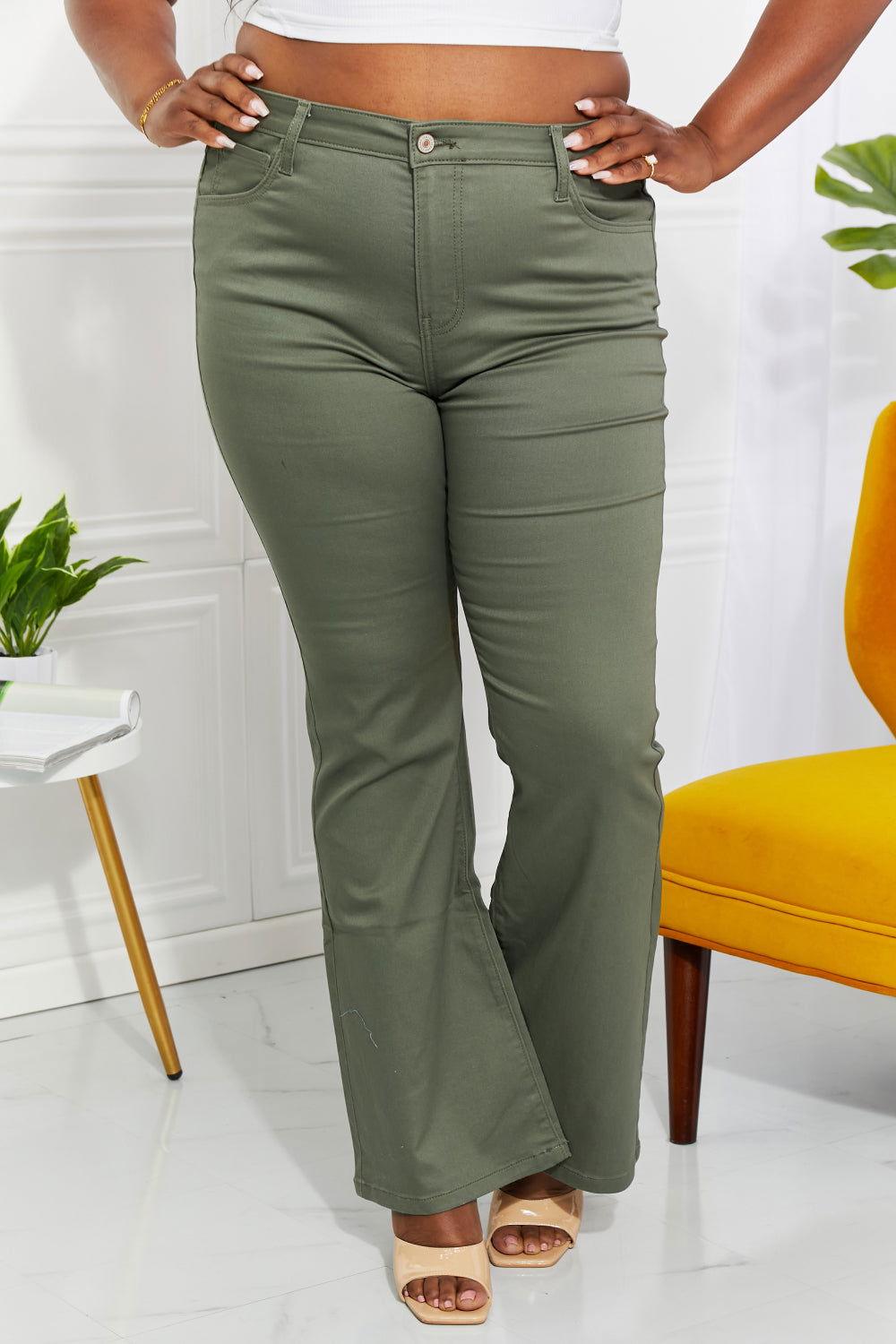 Zenana Clementine Full Size High-Rise Bootcut Jeans in Olive - Clothes For Her Online Store