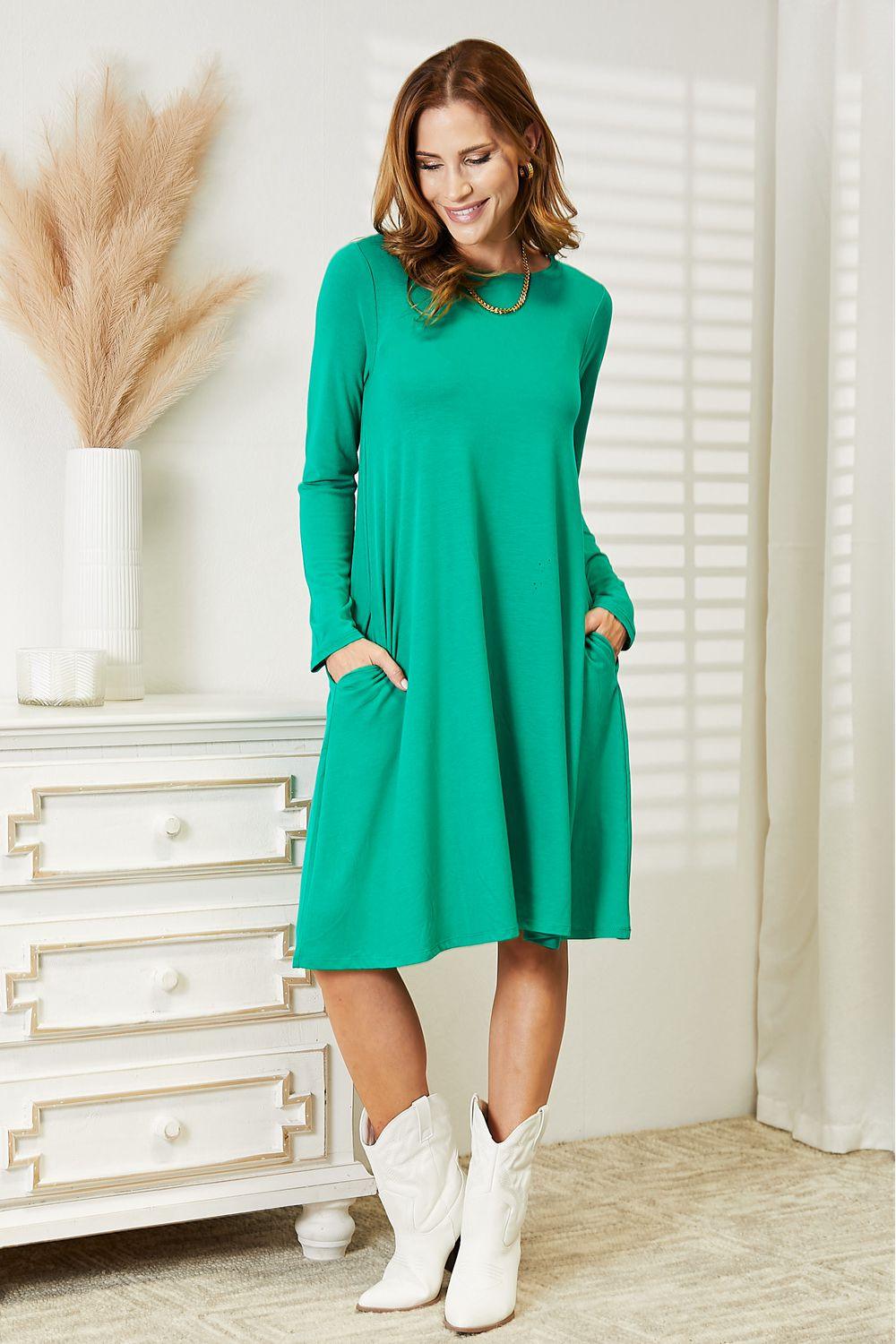 Zenana Full Size Long Sleeve Flare Dress with Pockets - Clothes For Her Online Store