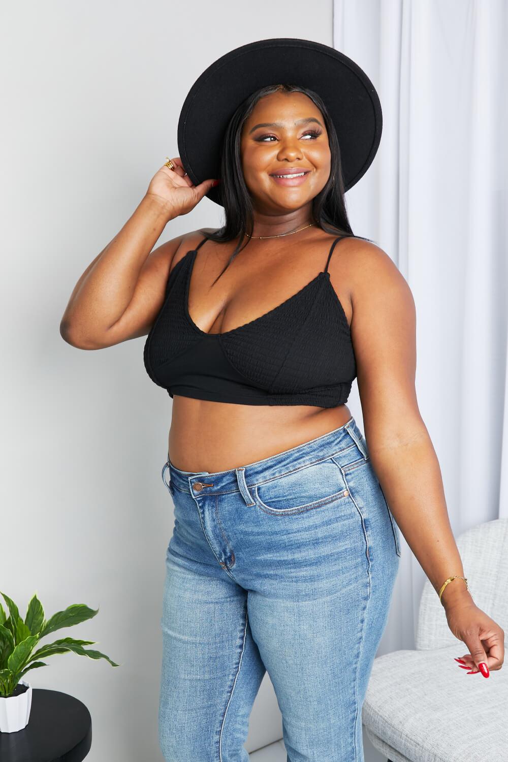 Zenana Full Size Textured Spaghetti Strap Bralette in Black - Clothes For Her Online Store