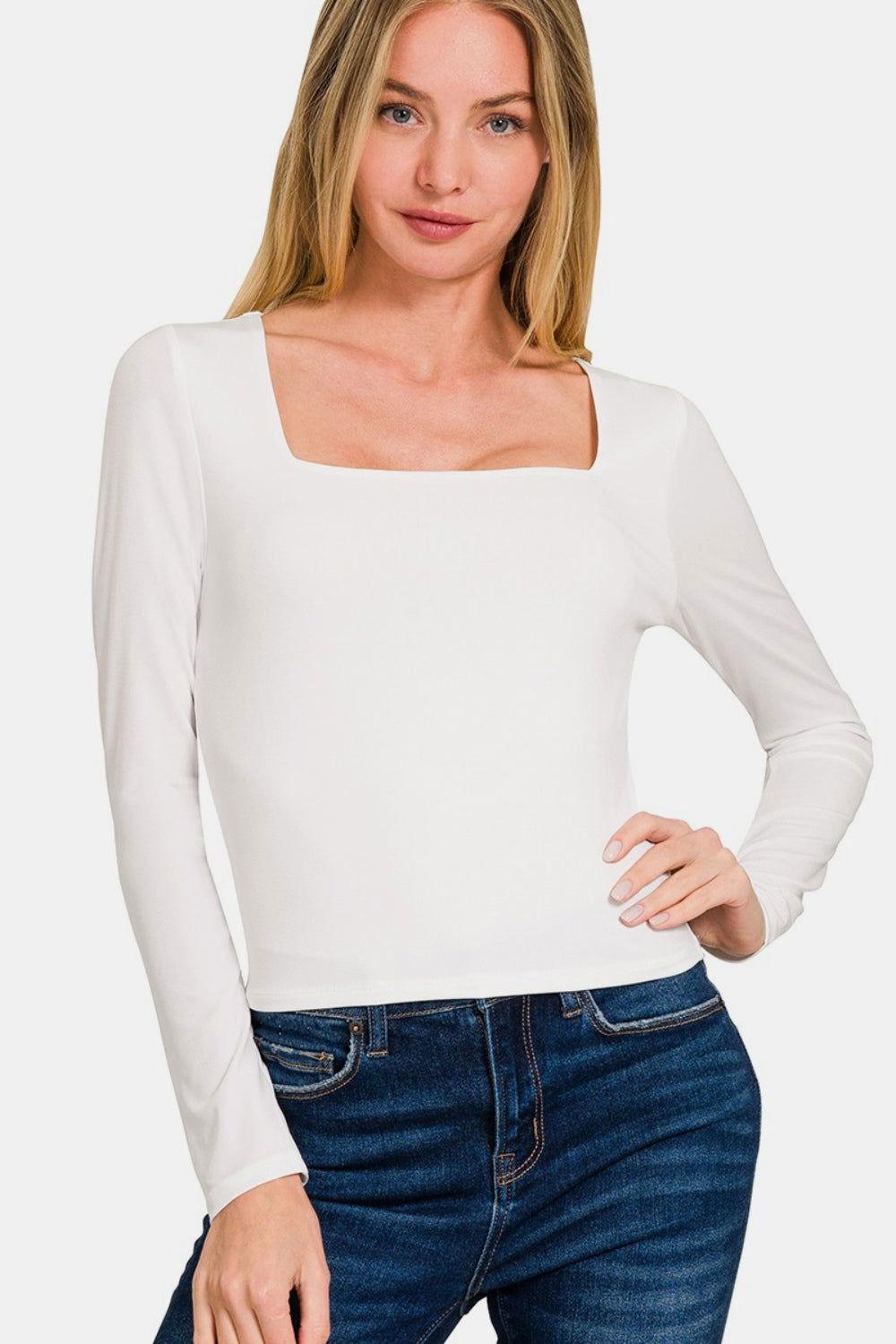 Zenana Square Neck Fitted Long Sleeve T-Shirt - Clothes For Her Online Store