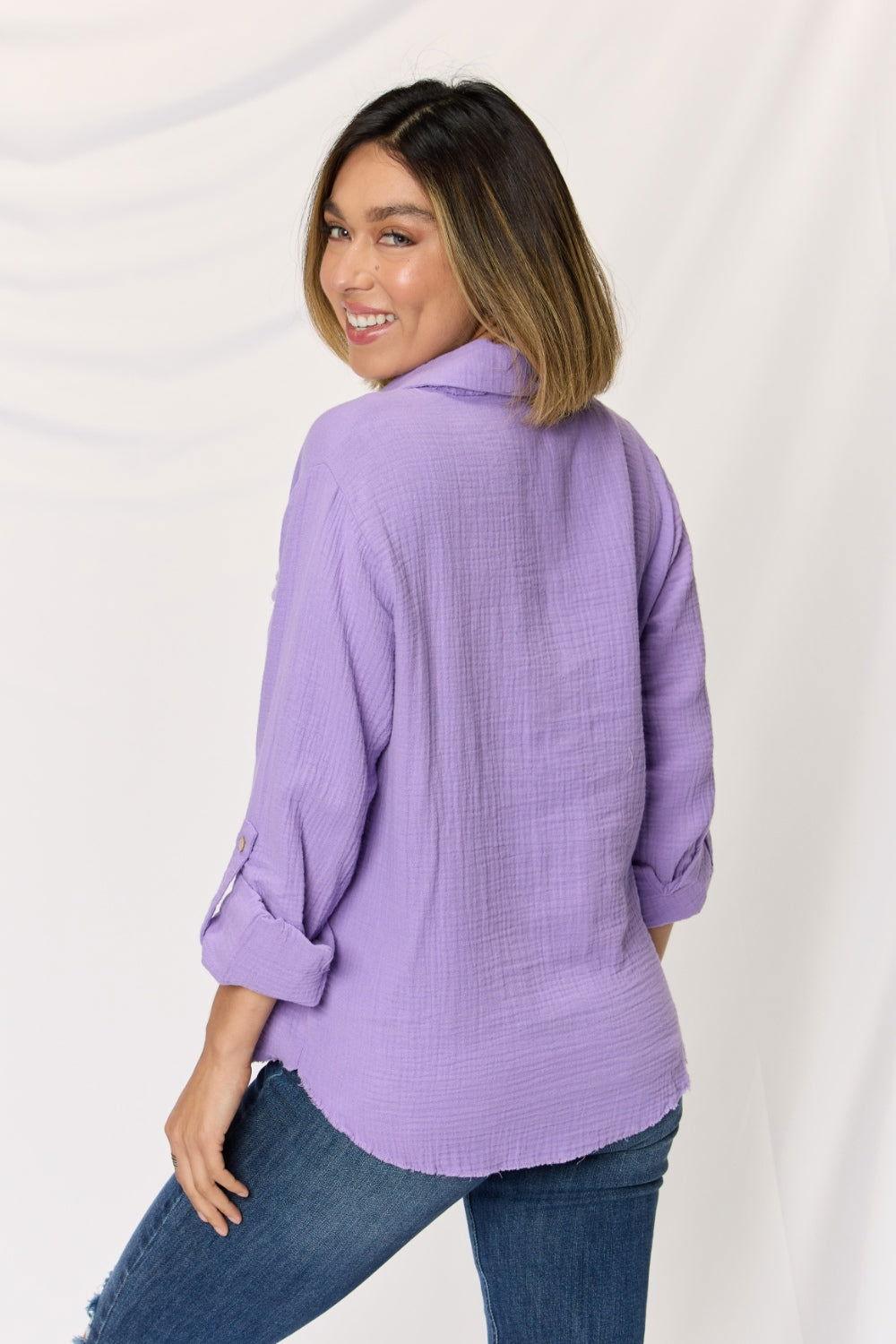 Zenana Texture Button Up Raw Hem Long Sleeve Shirt - Clothes For Her Online Store
