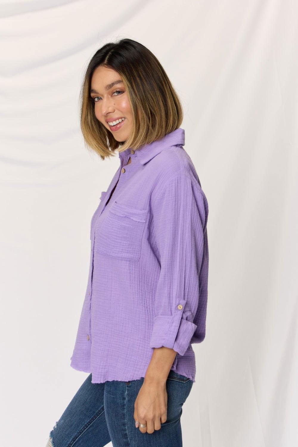Zenana Texture Button Up Raw Hem Long Sleeve Shirt - Clothes For Her Online Store