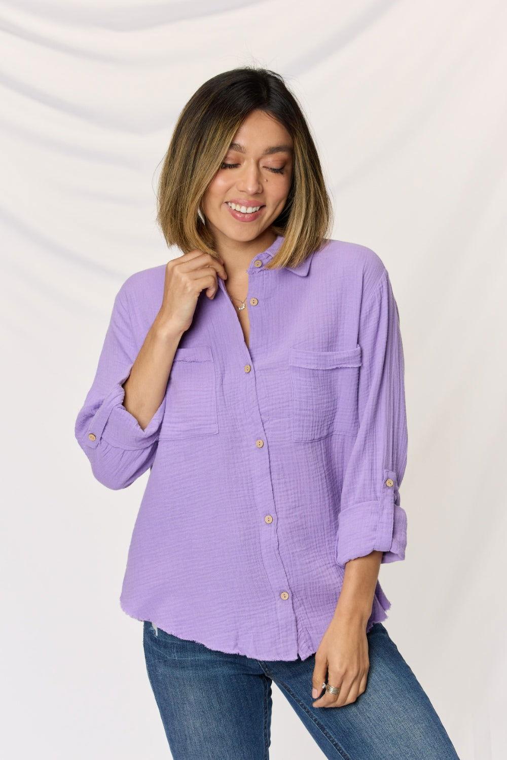 Zenana Texture Button Up Raw Hem Long Sleeve Shirt - Clothes For Her Online Store