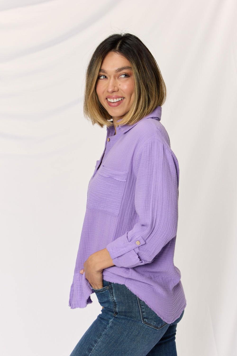 Zenana Texture Button Up Raw Hem Long Sleeve Shirt - Clothes For Her Online Store