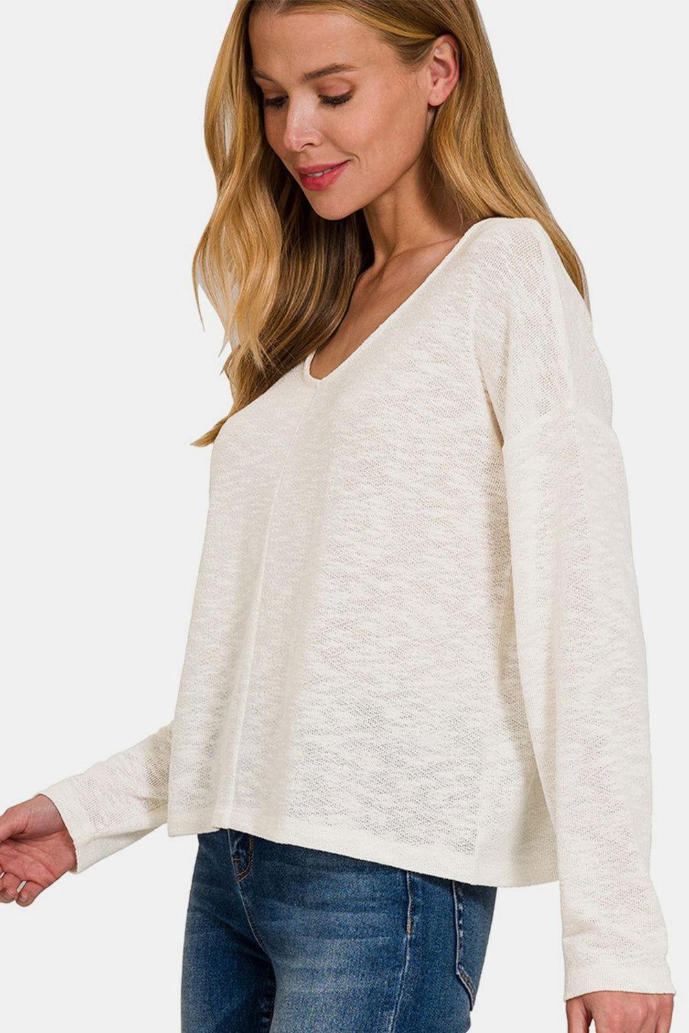 Zenana V-Neck Dropped Shoulder Long Sleeve T-Shirt - Clothes For Her Online Store