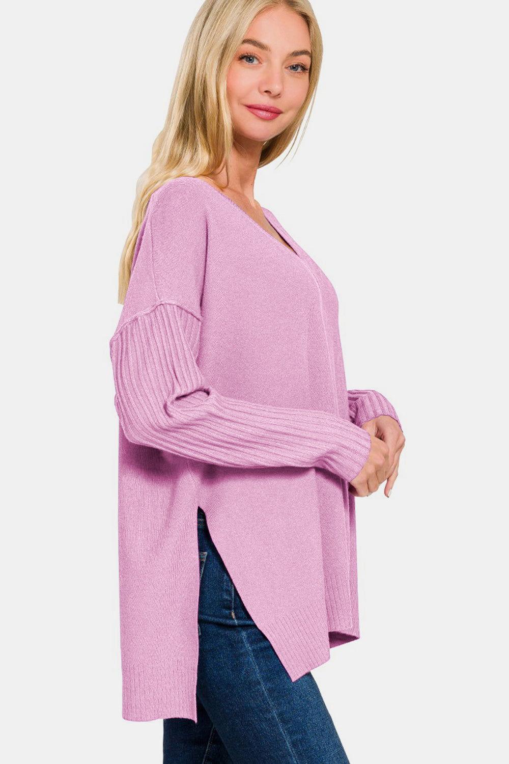 Zenana V-Neck Side Slit High-Low Sweater - Clothes For Her Online Store