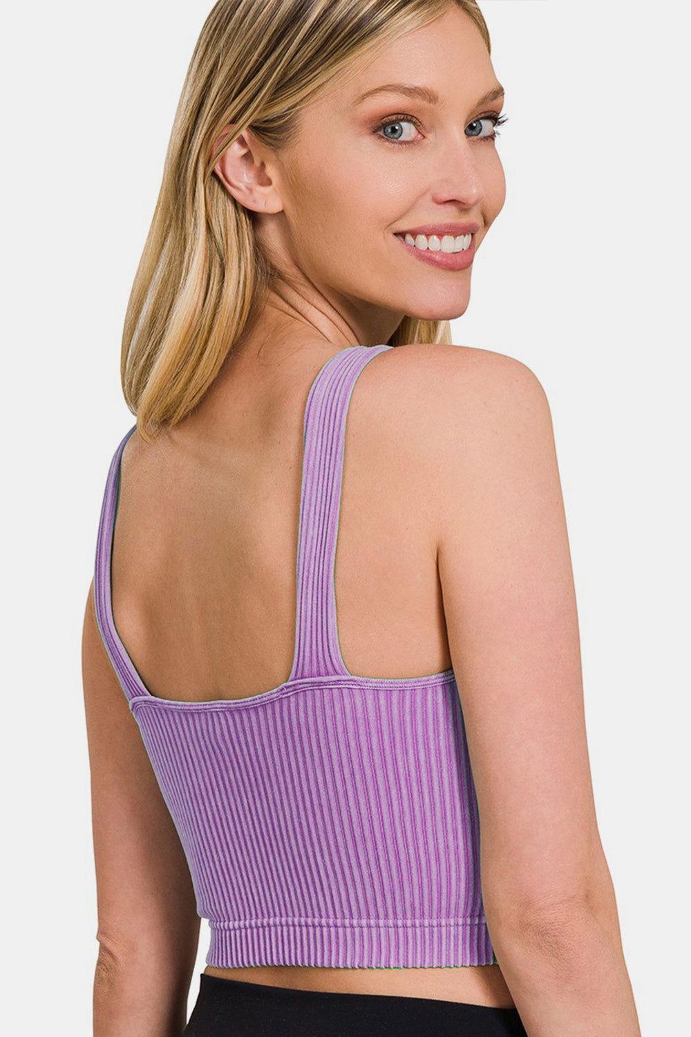 Zenana Washed Ribbed Cropped Bra Padded Tank - Clothes For Her Online Store