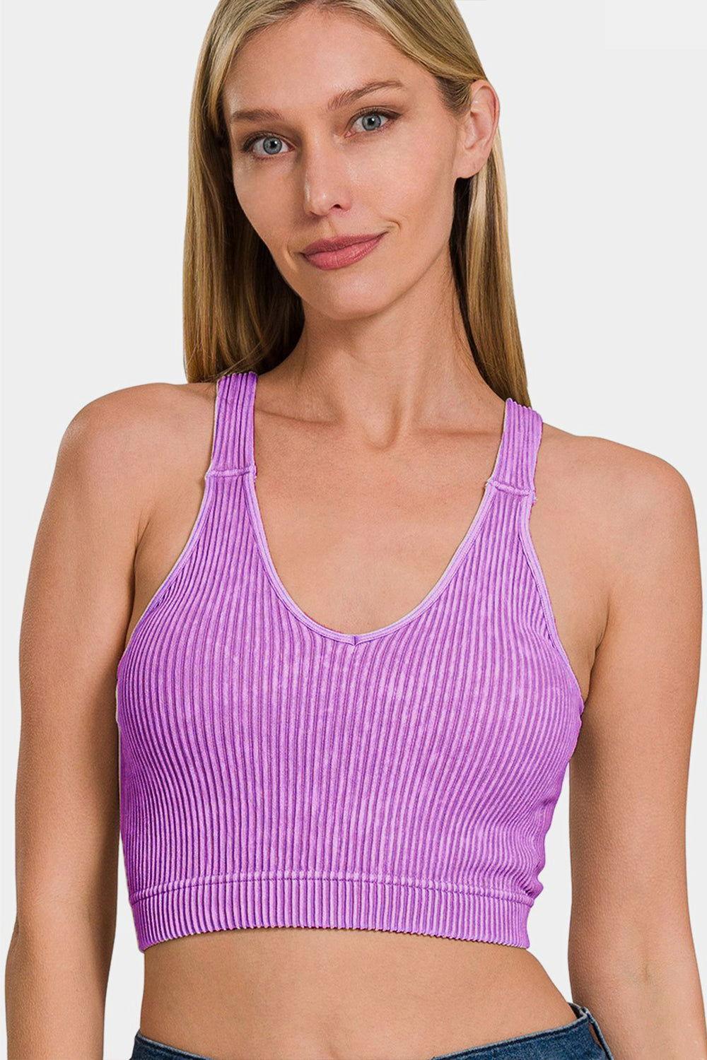 Zenana Washed Ribbed Cropped Bra Padded Tank - Clothes For Her Online Store