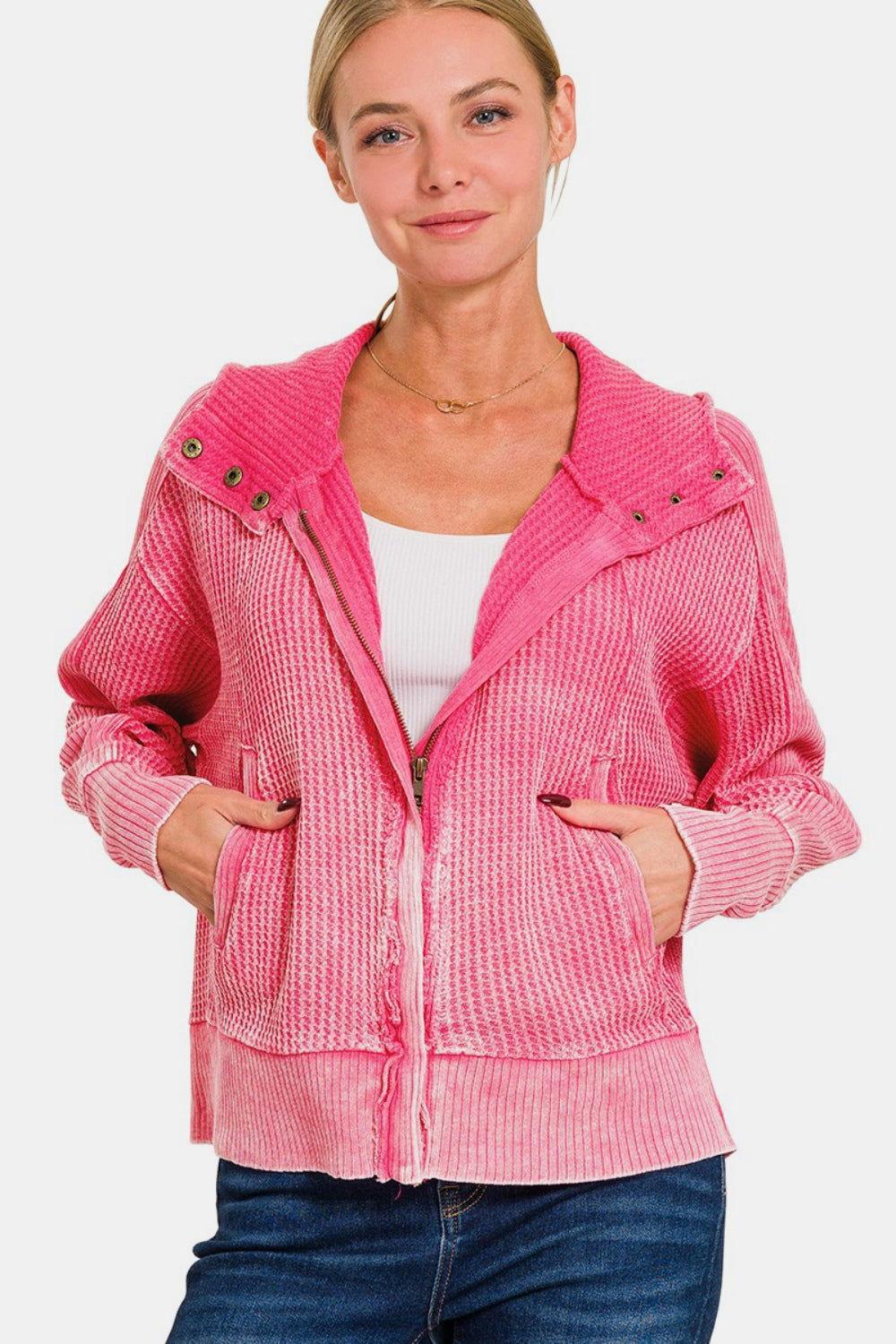 Zenana Washed Zip Up Hooded Jacket - Clothes For Her Online Store